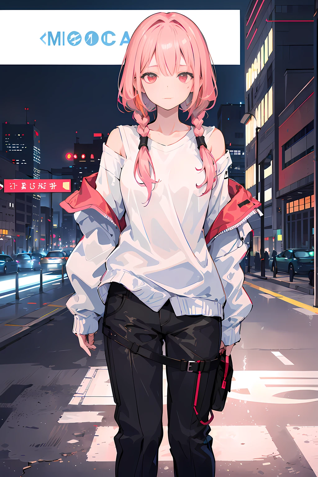 1girl, solo, loli, petite, (very_long_pink_hair), braids, (red_eyes), medium_breasts, (white_shirt:1.5), (windbreaker), (off_shoulder:1.2), (portrait), glowing_eyes, background_light, (cityscape:1.5), (neon_lights:1.2), (science), cyberpunk, ((masterpiece)), (highres), (best_quality), (highly_detailed), (original),(Delicate background),(extremely detailed 8K wallpaper),cinematic lighting, volume lighting, light particles, shaded_face, beautiful_detailed_eyes, depth_of_field, perspective,