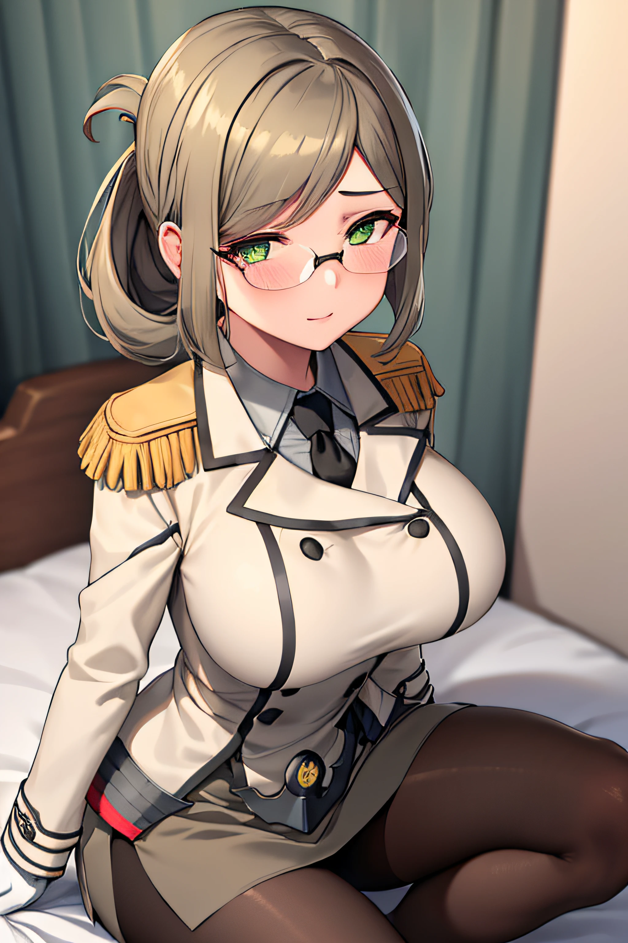 1girl, solo,
katori \(kancolle\), brown hair, folded ponytail, parted bangs, green eyes, glasses, rimless eyewear,
(masterpiece, best quality:1.2),illustration,8k,hd,1girl,solo,upper body,portrait,katori \(kancolle\),light brown hair,folded ponytail,parted bangs,green eyes,glasses,rimless eyewear,military uniform,white jacket,epaulettes,black necktie,white gloves,grey skirt,miniskirt,pencil skirt,black pantyhose
indoors,on bed,