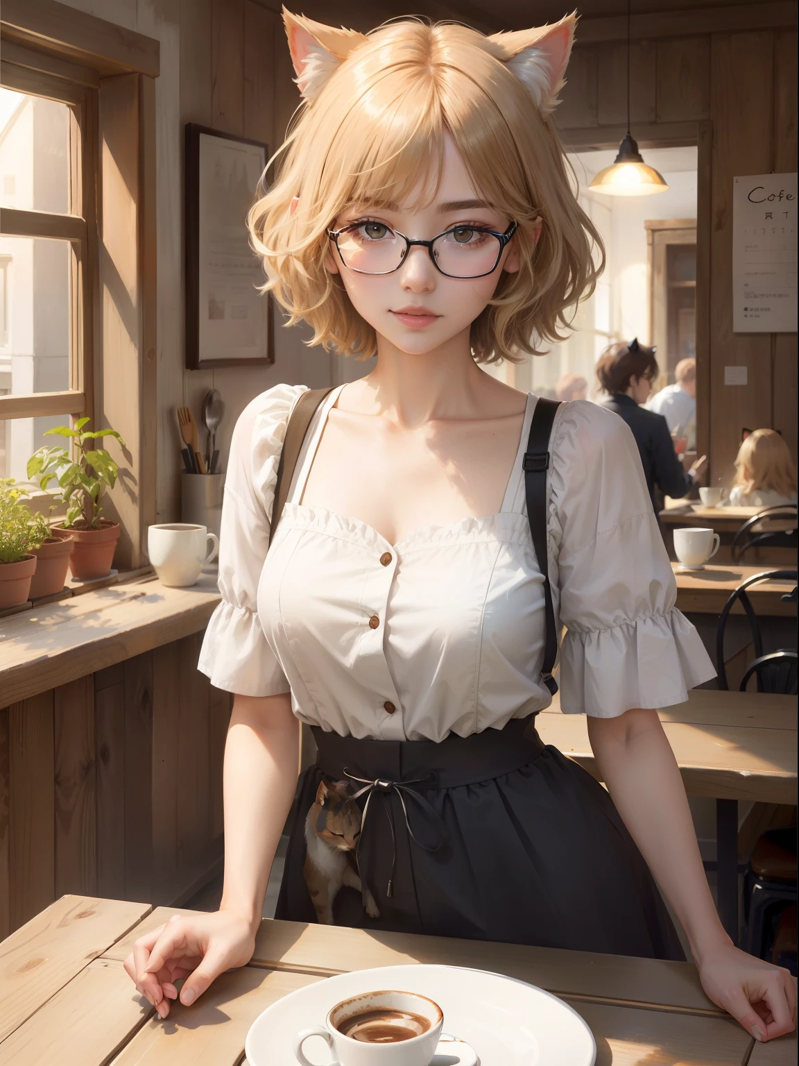 Coffee Girl, Realistic, High Quality, coffee shop, Soft light, Natural and authentic, coffee, Short Hair Hair, Golden Hair, customer, cats, Cospel, cat ear, cat ears girl, Glasses Girl,