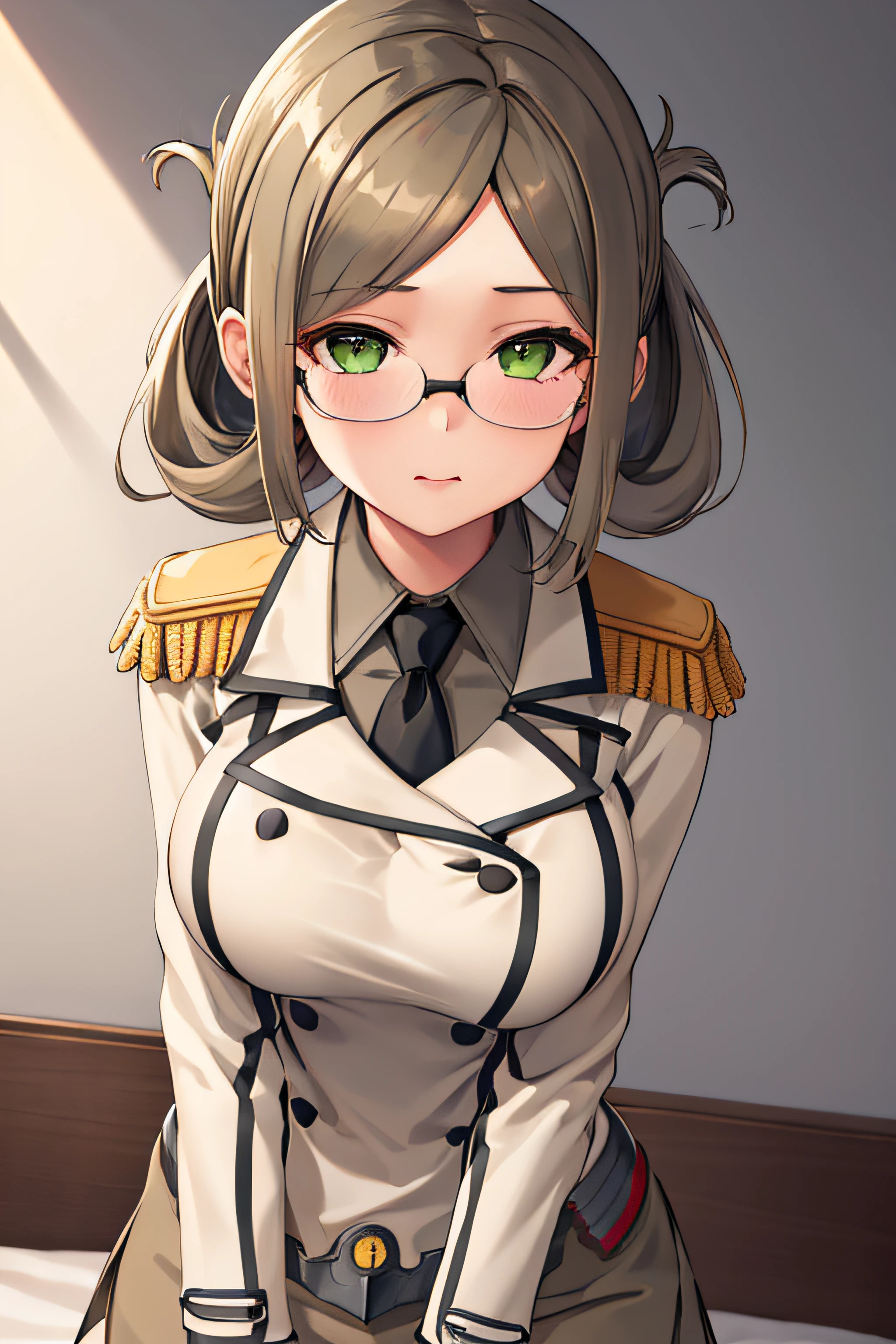 1girl, solo,
katori \(kancolle\), brown hair, folded ponytail, parted bangs, green eyes, glasses, rimless eyewear,
(masterpiece, best quality:1.2),illustration,8k,hd,1girl,solo,upper body,portrait,katori \(kancolle\),light brown hair,folded ponytail,parted bangs,green eyes,glasses,rimless eyewear,military uniform,white jacket,epaulettes,black necktie,white gloves,grey skirt,miniskirt,pencil skirt,black pantyhose
indoors,on bed,