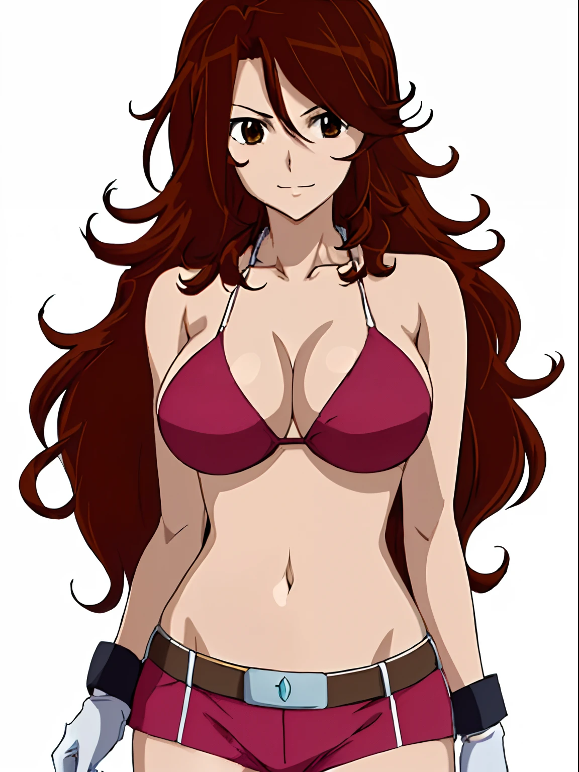 Best Quality, hires, curvy midsection, solo, 1 girl, strong woman, female wrestler, smile, happy), (detailed titration screen, upper body only, anime style: 1.8, anime drawing, ultra detailed face, ultra detailed body, 4k, Sumergai Lee Noriega, (standing), best quality, anime style, hires, highest definition, digital blending, bold drawing lines, ((wwe diva), ((White Background)), ( pro female wrestler, long attractive belly, slim body, (strong arm muscles), broad shoulders , off-shoulders, closed fists, (very curvy: 2.8)), ((elegant red bikini , shorts, white gloves, arm band, arm band, (champion belt))), (pale skin, big breasts, closed mouth), (big eyes, brown eyes, shiny eyes), (), (reddish hair, loose hair, curly hair, wavy hair, long hair, missy hair), 27 years old