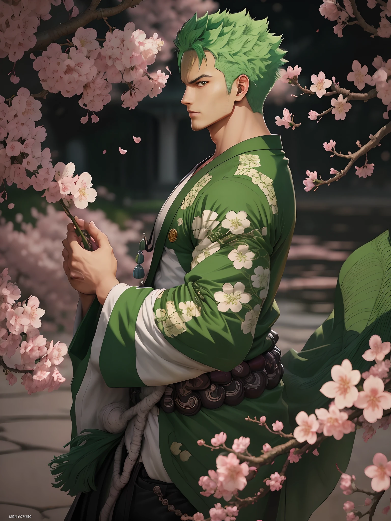 High res, high quality, masterpiece, intricate detail, ((front view:1.5)), master of draw, colorfull, (1man), a man with green hair and wearing green Hakama Japanese traditional clothes, slightly open shirt, Zoro, Roronoa Zoro, Zoro from One Piece, badass pose, 4 k manga wallpaper, highly detailed exquisite fanart, badass anime 8 K, (cherry blossom tree background), (beautiful green eyes), detailed body, ultra detailed, cinematic, Ultra HD 8K, anime style