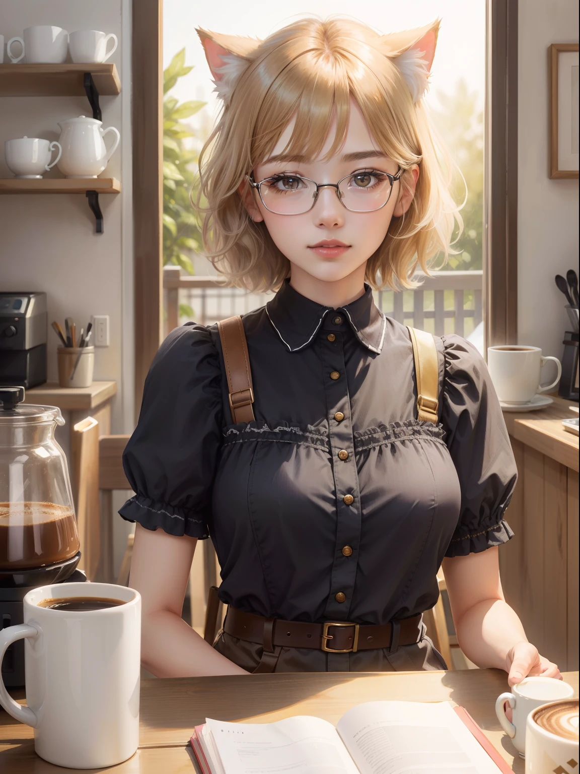 Coffee Girl, Realistic, High Quality, coffee shop, Soft light, Natural and authentic, coffee, Short Hair Hair, Golden Hair, customer, cats, Cospel, cat ear, cat ears girl, Glasses Girl,