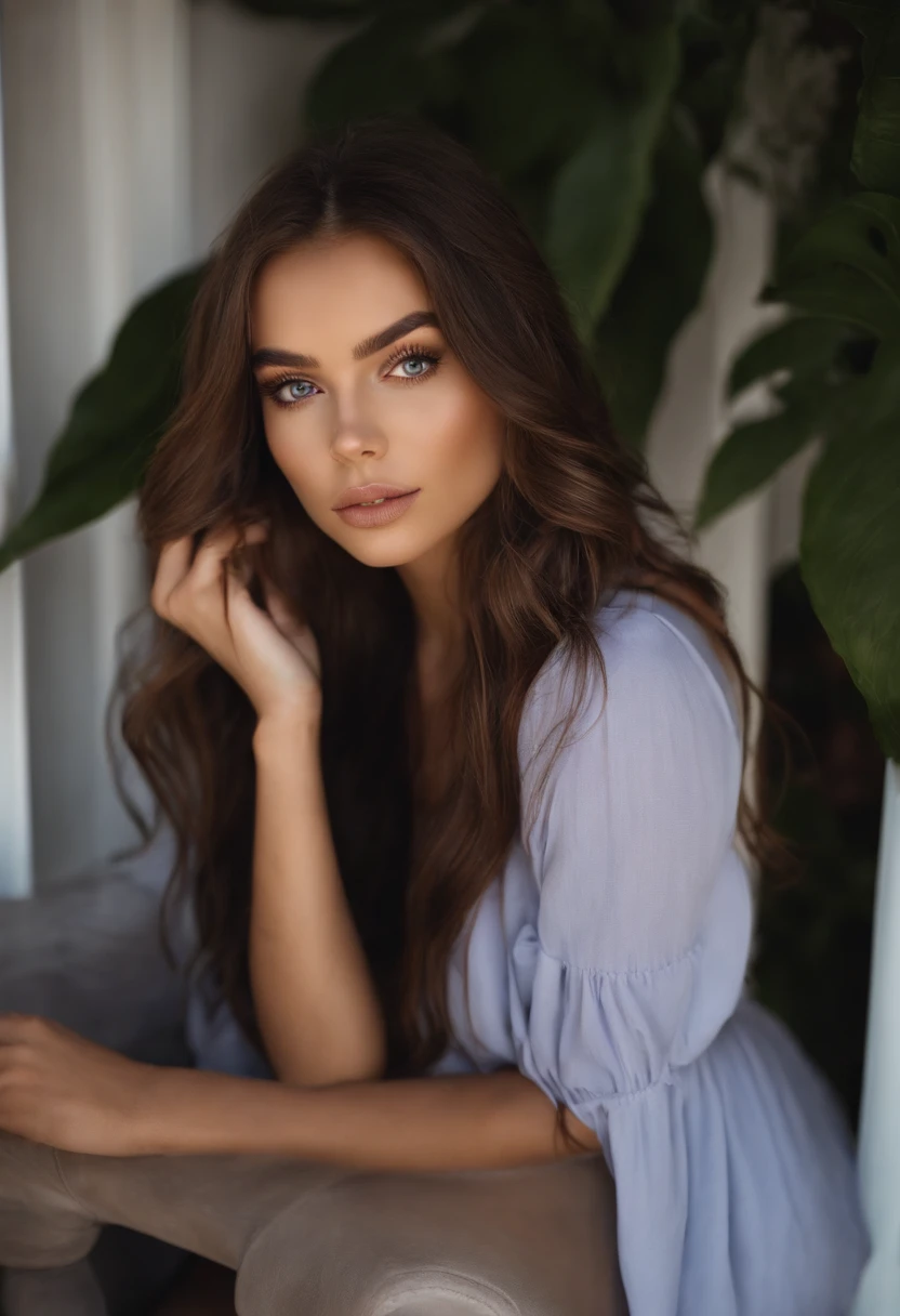 Arafed woman with black clothes, fille sexy aux yeux bruns, Portrait Sophie Mudd, cheveux bruns et grands yeux, selfie of a young woman, Yeux de chambre, Violet Myers, sans maquillage, maquillage naturel, looking straight at camera, Visage avec Artgram, Maquillage subtil, Superbe photo du corps entier, on a balcony with mountains behind her, clivage