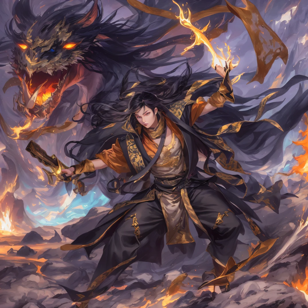 (A 25-year-old Taoist with black hair wearing a purple Taoist robe, with a serious expression, stepping on a stack of overlapping monsters and demons: 1.9) (Male, Young Adult: 1.7) (Emphasize the distinctive appearance of the Taoist robe, with flowing sleeves and intricate patterns: 1.8) (Highlight the seriousness and determination in the Taoist's expression, with focused eyes or a stern gaze: 1.8) (Depict the Taoist confidently stepping on a stack of monsters and demons, symbolizing his power and ability to overcome evil: 1.9) (Create a dynamic composition with the monsters and demons in various shapes and sizes, emphasizing their defeated state: 1.7)