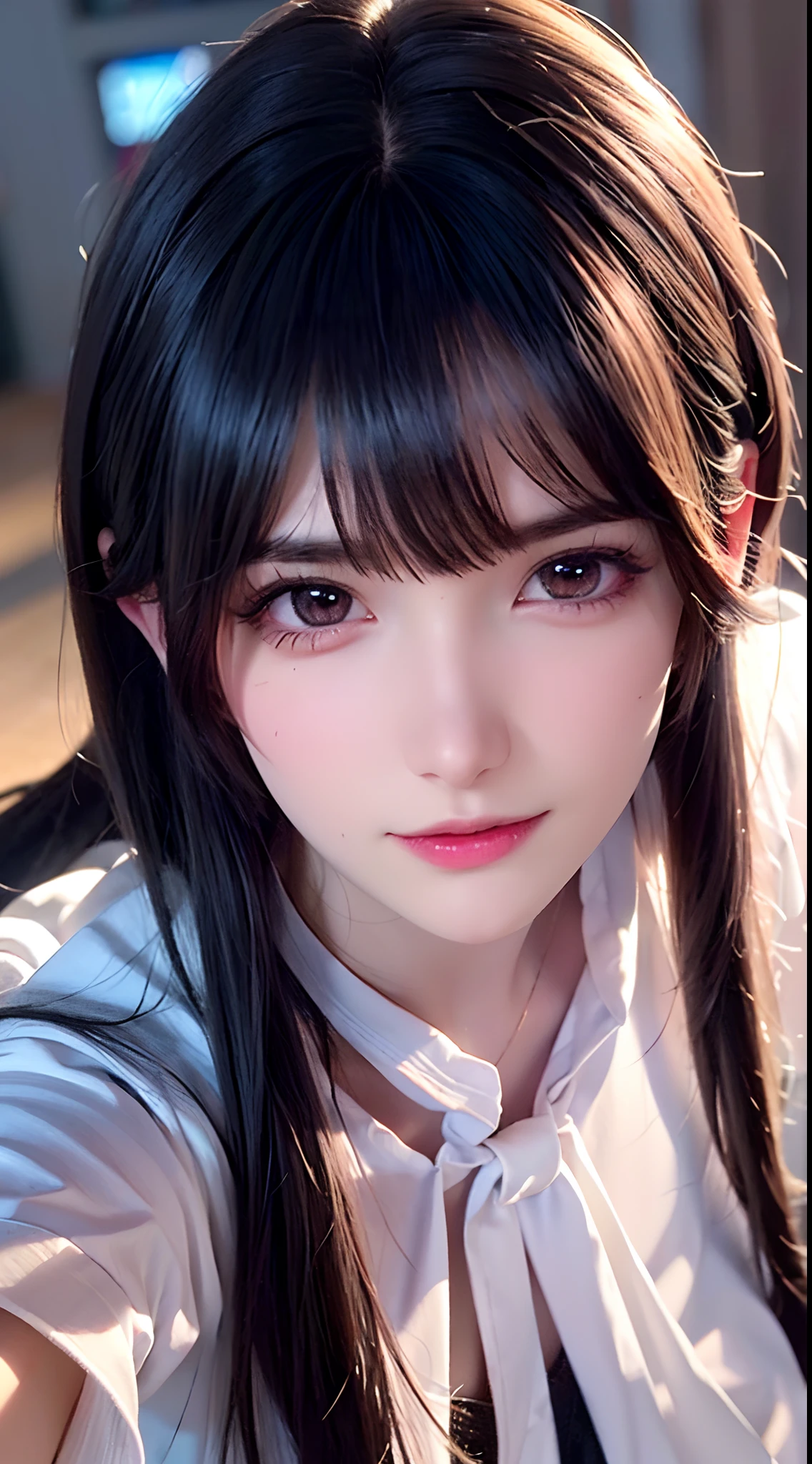 (Best quality,4K,A high resolution,Masterpiece:1.2),Ultra-detailed,Realistic,Black hair,Girl with heterochromia,mischievous expression,Low-neck white-collared shirt,Tiptoeing,Long legs,professional,Portrait,Beautiful detailed eyes,Strong gaze,Sharp focus,Vivid colors,Studio lighting