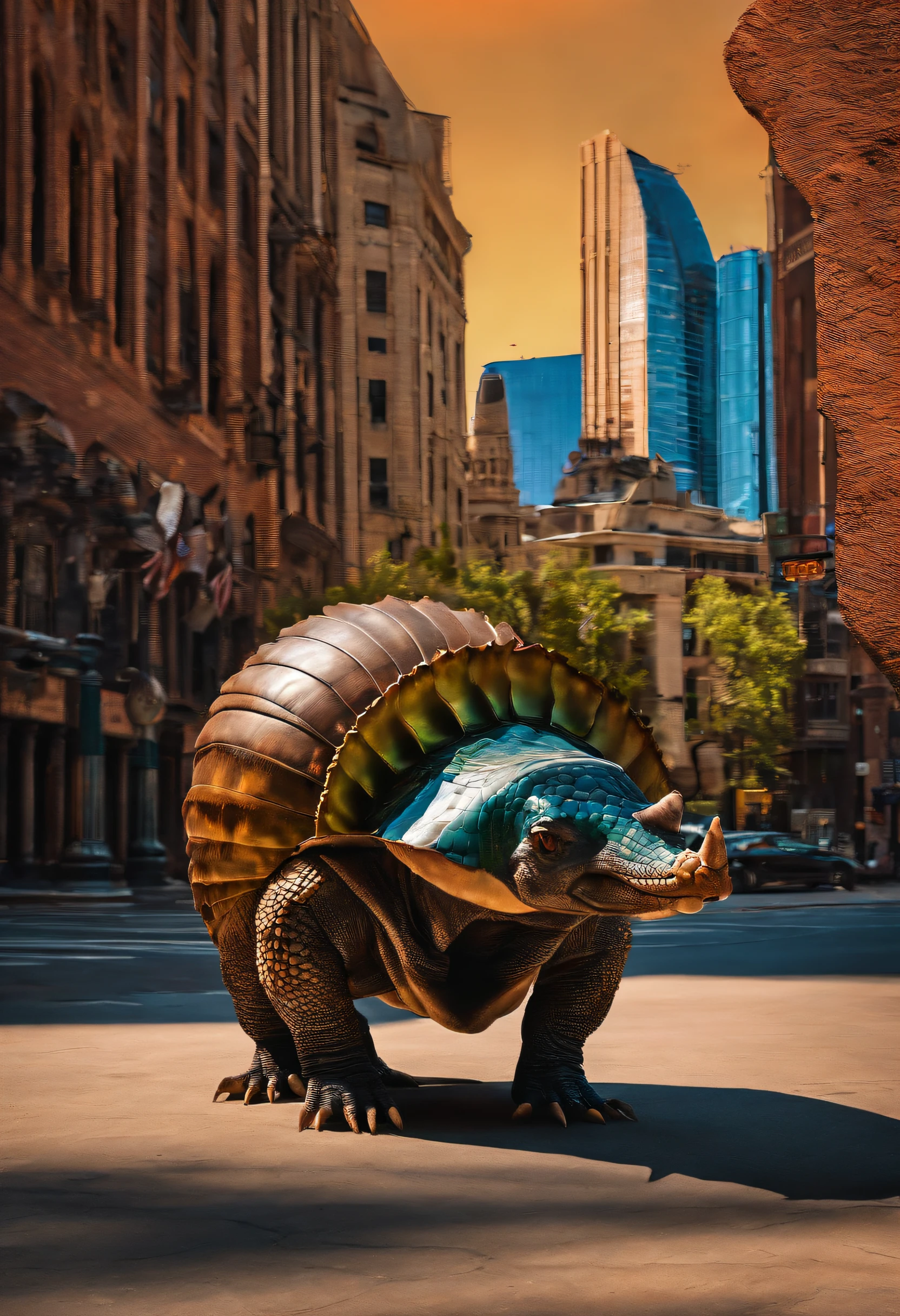 ARMADILLO EN MEDIO DE UNA CIUDAD LLENA DE DINOSAURIOS CON COLAS LARGAS, AHORA HASLO CON 4 ESTILOS ARTISTICOS