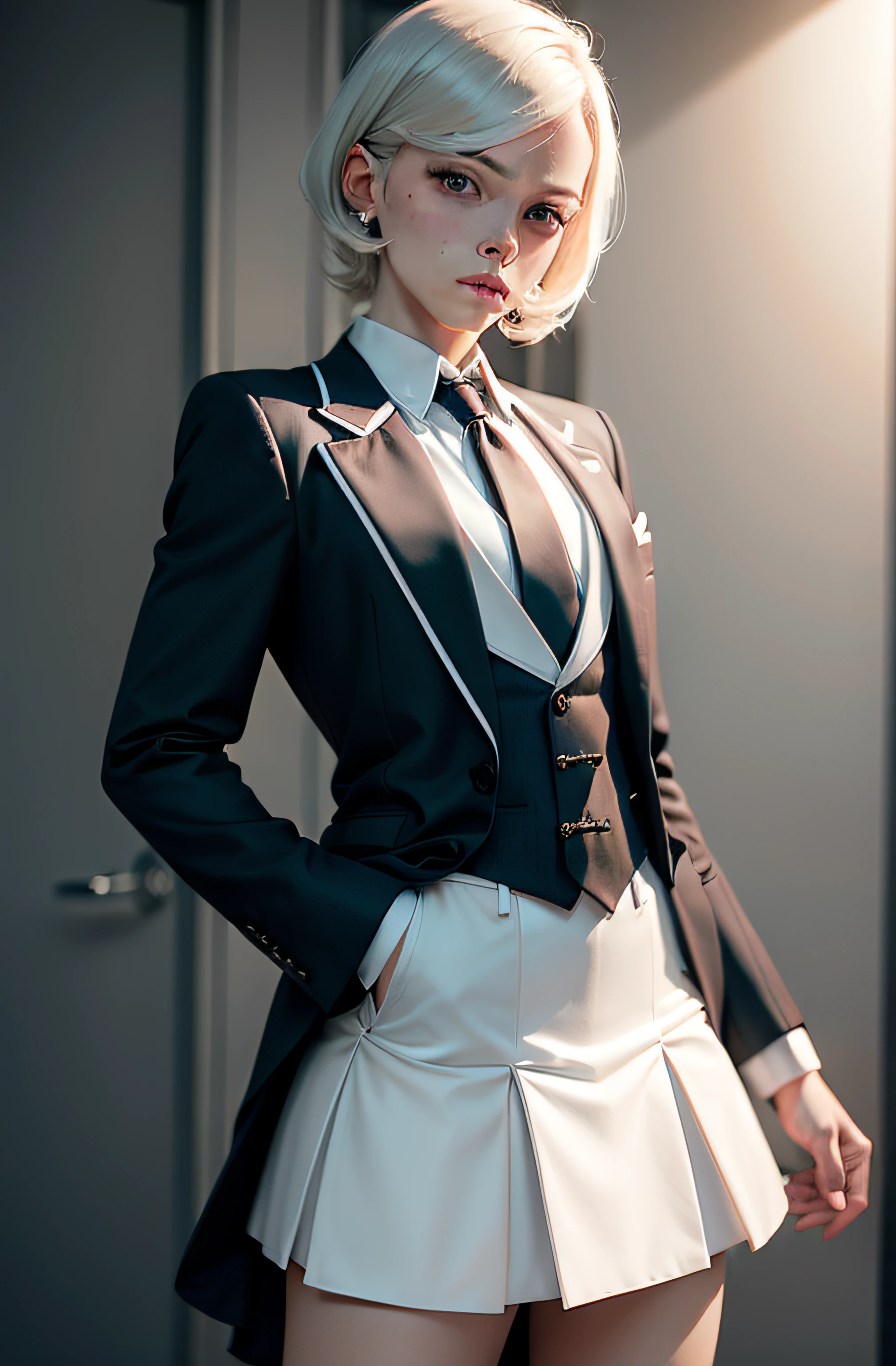 femboy, crossdressing, skirt suit, (((three-piece suit))), necktie, blazer, suit jacket, waistcoat, bodycon skirt, white gloves,