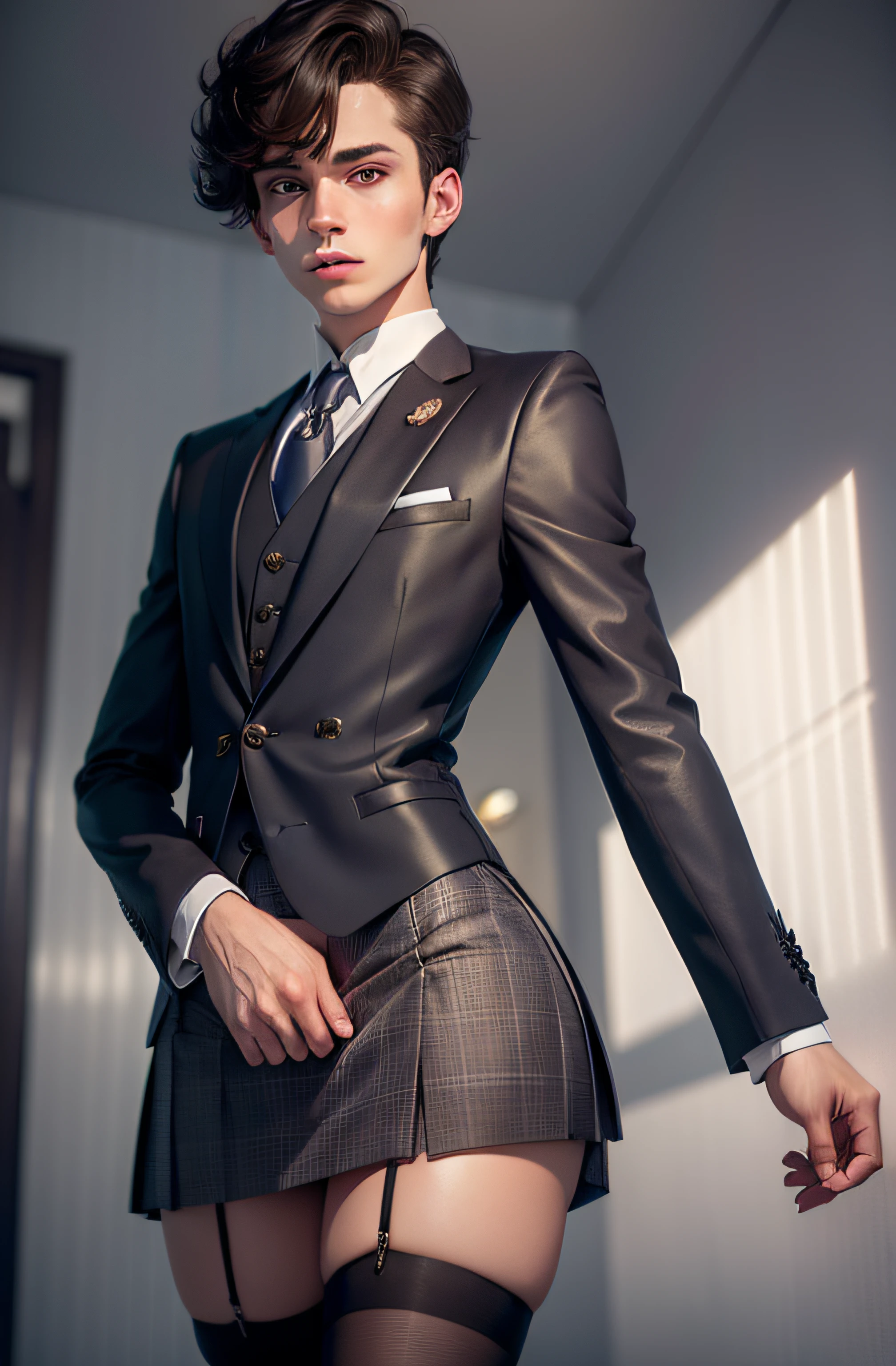 femboy, male, crossdressing, short hair, brunette, skirt suit, (((three-piece suit))), necktie, blazer, suit jacket, waistcoat, bodycon skirt, white gloves,