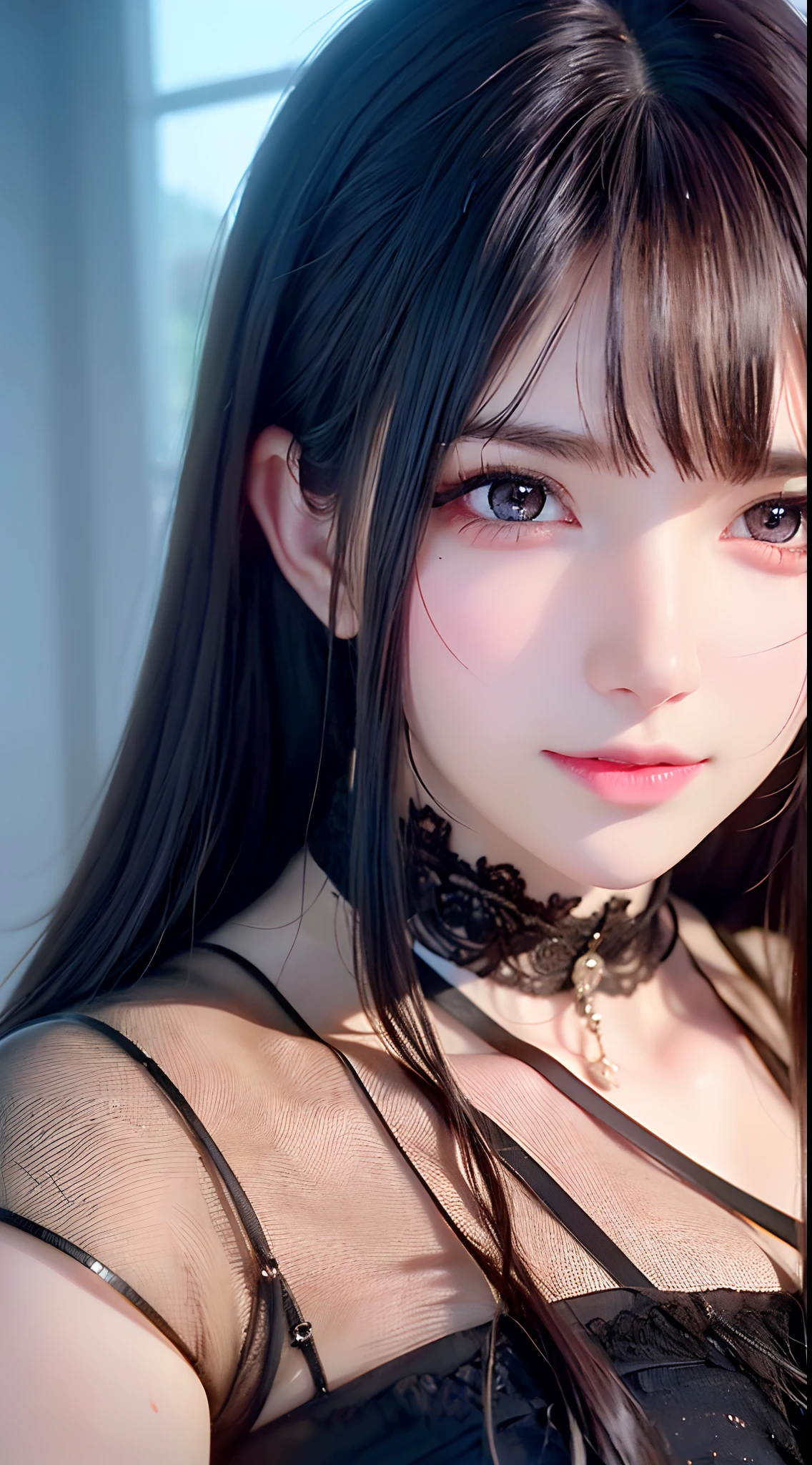 (Best quality,4K,A high resolution,Masterpiece:1.2),Ultra-detailed,Realistic,Black hair,Girl with heterochromia,mischievous expression,Low-neck white-collared shirt,Tiptoeing,Long legs,professional,Portrait,Beautiful detailed eyes,Strong gaze,Sharp focus,Vivid colors,Studio lighting