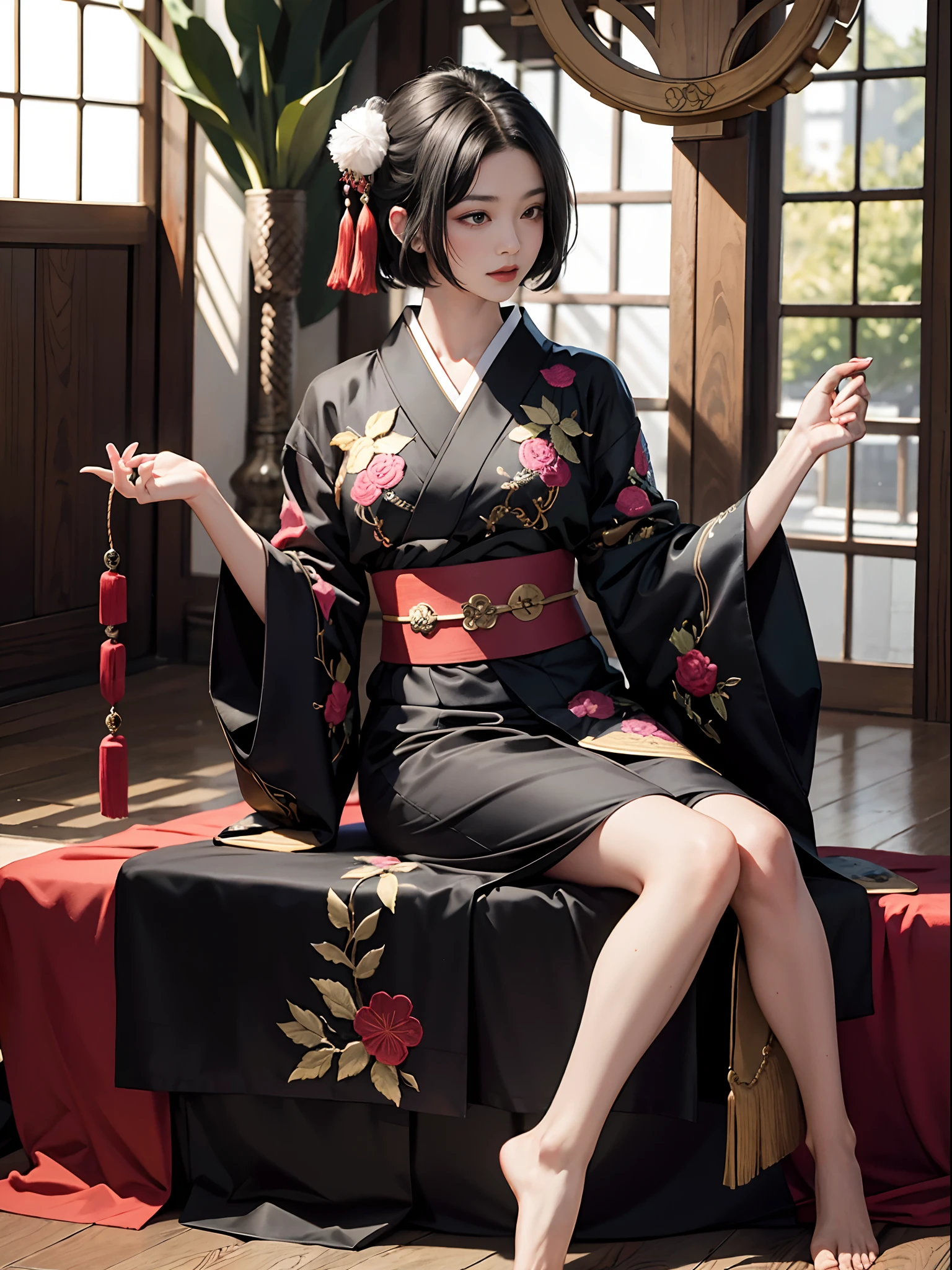 Background of details(concert hall),BREAK ,elaborate costume(Luxury kimono(Black kimono(detailed embroidery))),BREAK,1 Beautiful and classy adult woman(Japanese actressl:1.2)(shinny hair(A black,verdant),(Short hair:1.2)),(Playing the koto:1.2),BREAK,Wallpapers 16K,Blur the background,(masutepiece:1.5), (Best Quality:1.5),(Portrait photos:1.5),(full body Esbian:1.5)