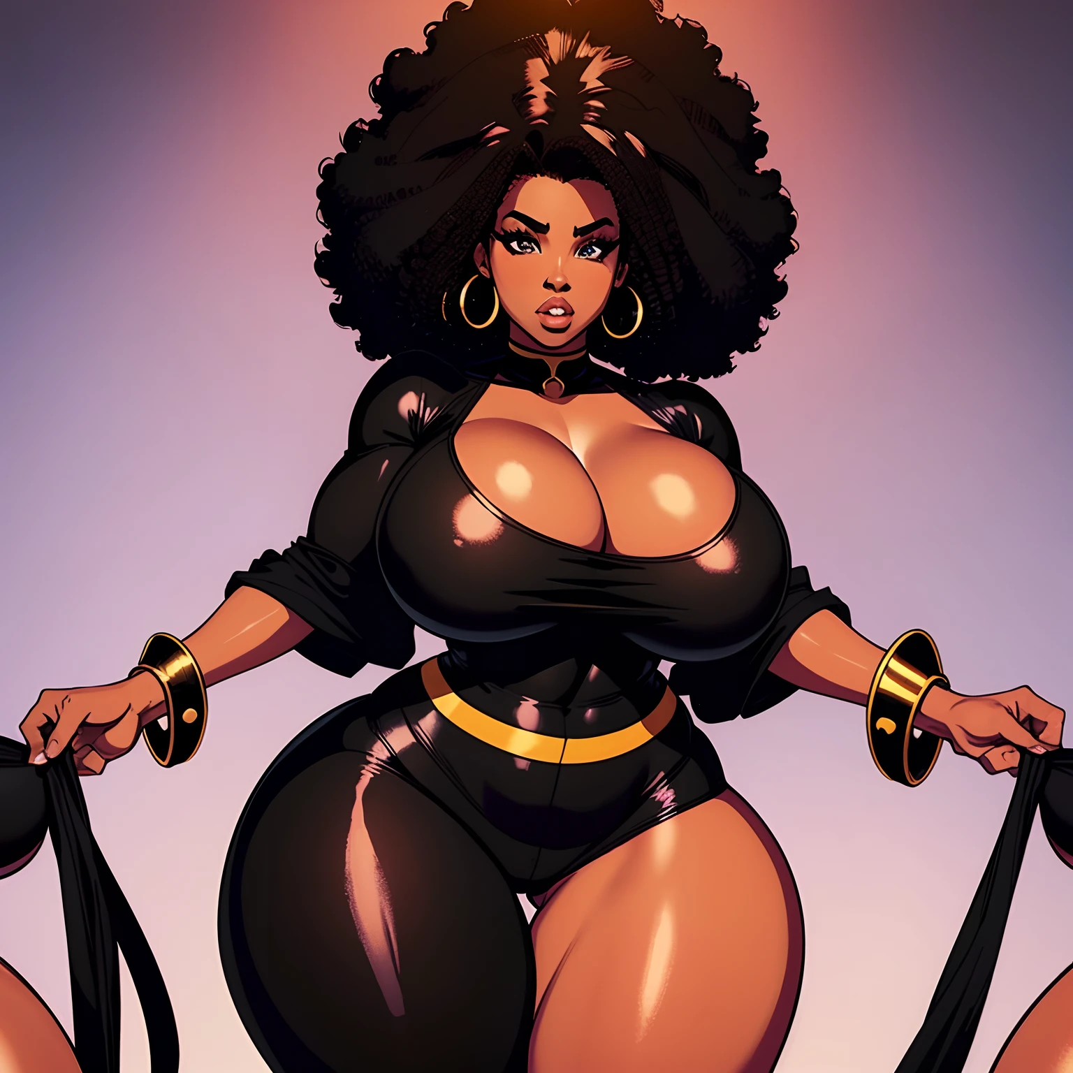 Black female with afro tight clothes 70s fashion thick thighs huge breasts fighting shi