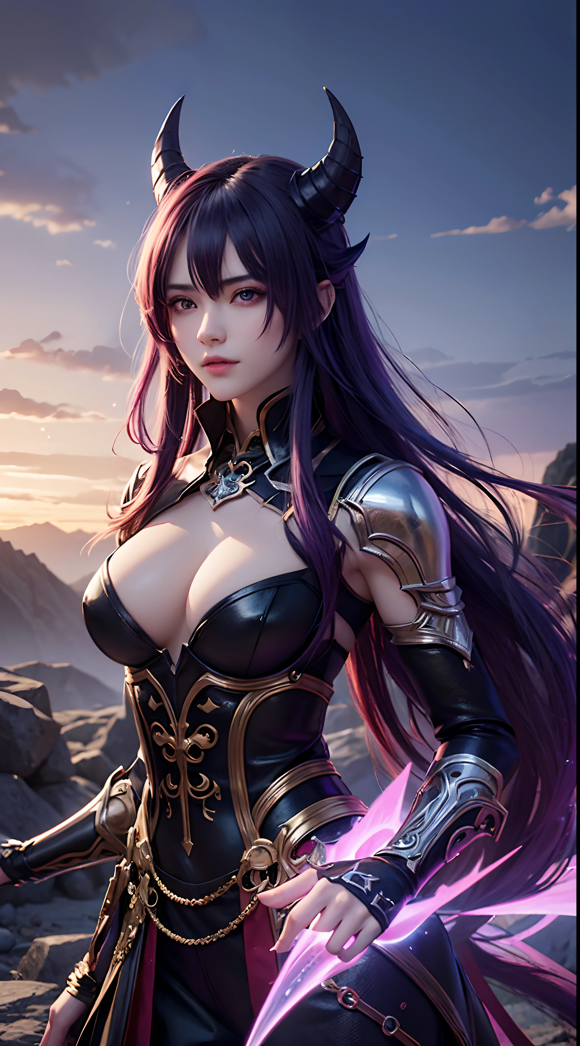 Extremely detailed artwork, best quality, 8k: Anime character with purple hair and glowing eyes against dark background, handsome guy in demon slayer art, epic fantasy art style epic, badass anime 8k, epic fantasy digital art style, detailed anime digital art, male demon human, portrait of the underworld , epic fantasy art style hd, expressive fierce 8k, male demon, extremely detailed artgerm.