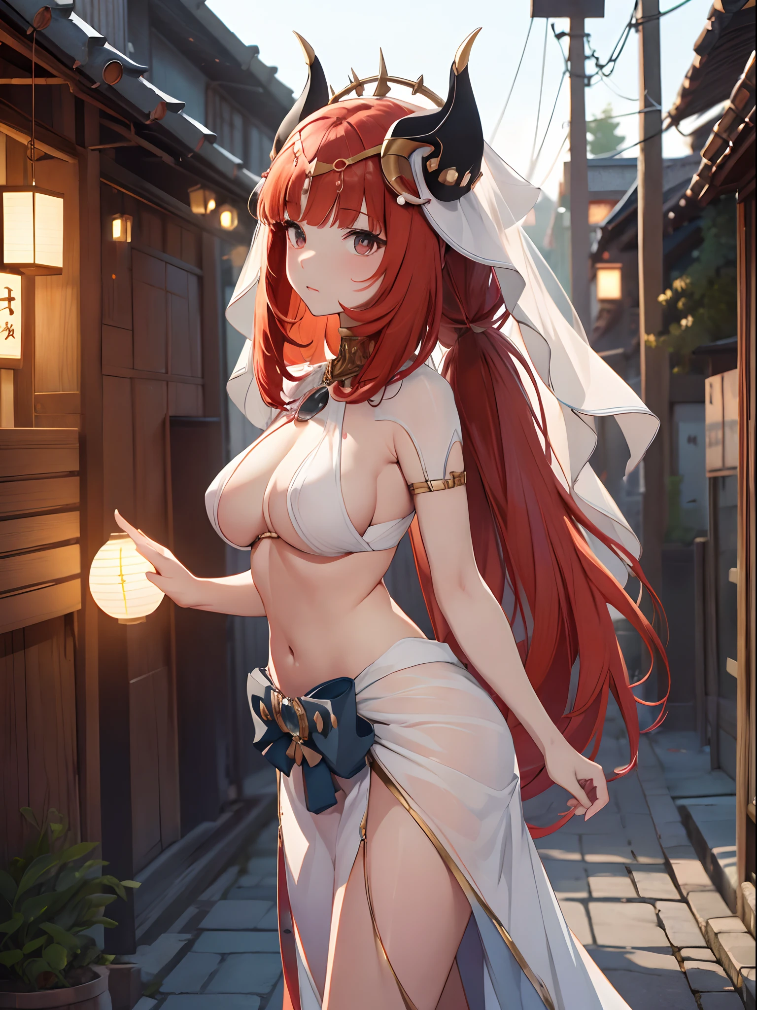 highres, shadows, absurdres, best_quality, ultra_detailed, 8k, extremely_clear, photograph, beautiful, beautiful face, sharp focus, hdr, 1girl, clean eyes, wide-eyed,background of a japanese small old town street with paper lanterns at night, background darker then the girl in front, beautiful face, small puffy breasts (puffy small firm breast, very red areola, standing ,very seductive pose,red very long hair, very young, horns, white wedding dress, ponytail, large bare midriff, no bra, naked, no clothes