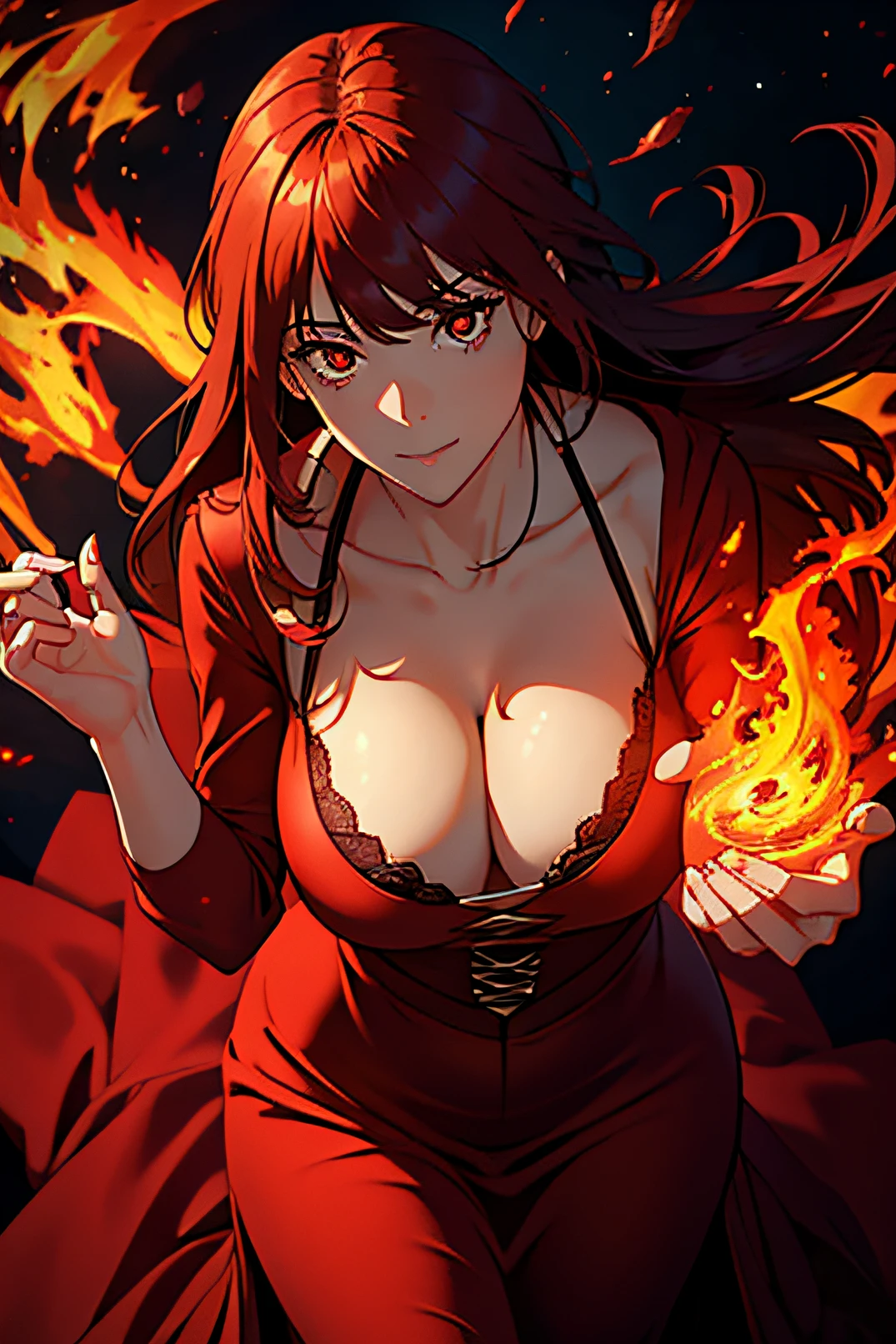 1girl, wearing a dress, surrounded by fire, red and long hair, red eyes, cleavage, perfect face, perfect fingers, perfect anatomy