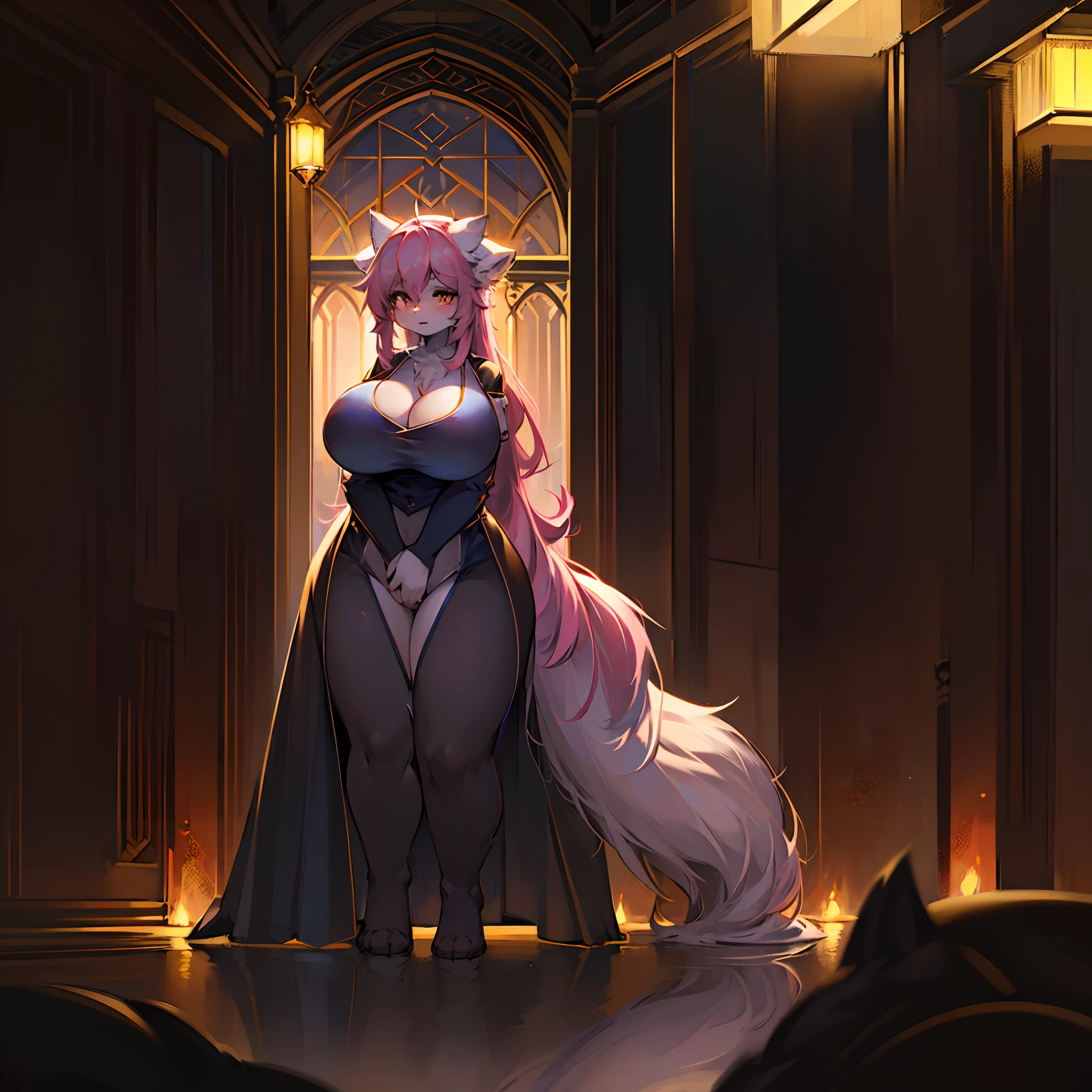 (ambiente dark:0.8),Masterpiece,High quality,abstract res,Digital painting\(artwork of a\),,(anthro,Fluffy fur,Character focus:1.1),anthro female cat,long whitr hair,absurderes, shaggy,Furry female,canid,Full Body Furry,Large fluffy tail,Flowing hair,anthr,(Full Body Furry, Fluffy tail), (long canines:1.2),(Half head gray hair, Half pink hair:1.3)(One eye is yellow,One is blue,long and flowing hair:1.4)(Witch dress)(Body detailed,flatchest)Lively and cute girl,8K,Cinematic lighting effects,Textured skin,best qualtiy,Storytelling images,Ambient lighting,dynamic blur,,tmasterpiece,A masterpice,thicc, Enormous Boobs, Enormous Ass, Thicc Thighs, Thicc, chubby, Plump