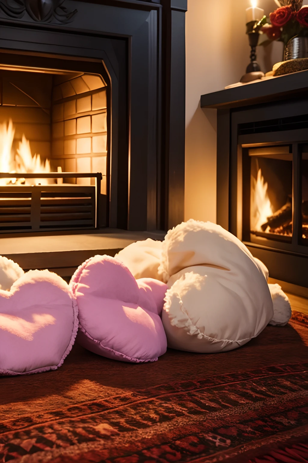 Two fluffy toy hearts lying on the skin by the hot fireplace