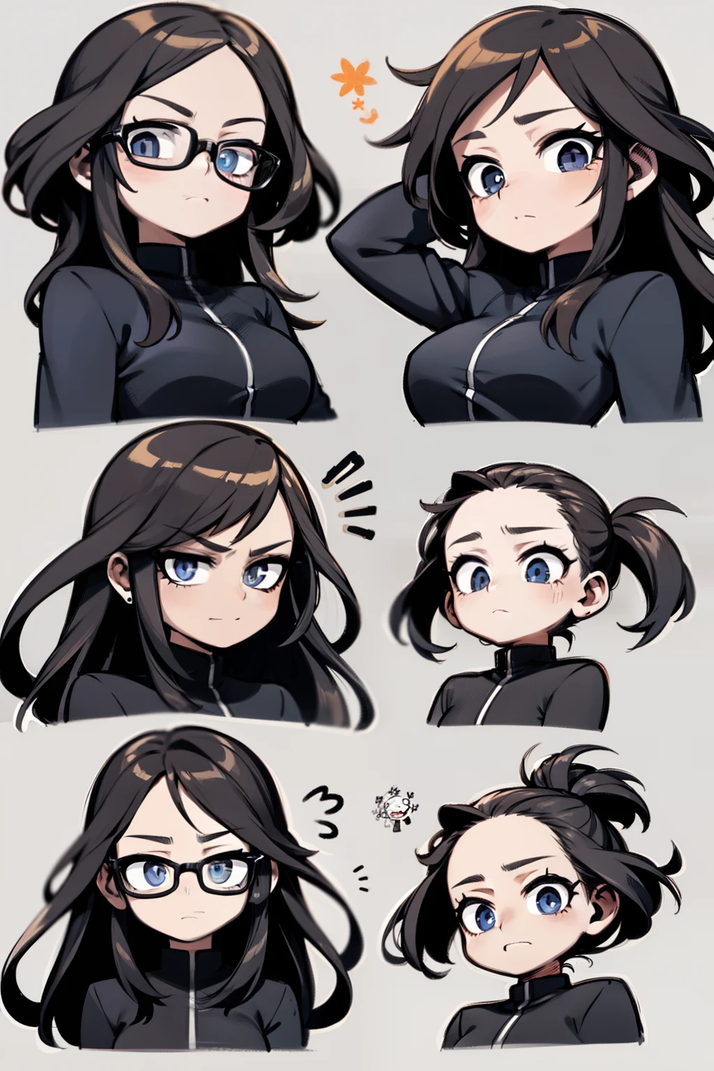 Cute girl avatar,Emoji pack,(glasses),((9 emojis,emoji sheet of,Align arrangement)),(9 poses and expressions),(grieves,astonishment,having fun,exhilarated,big laughter,Angry,doubt,Touch your head,Sell moe,cry),Anthropomorphic style,Chinese style,Black strokes,Different emotions,9 poses and expressions,8K
