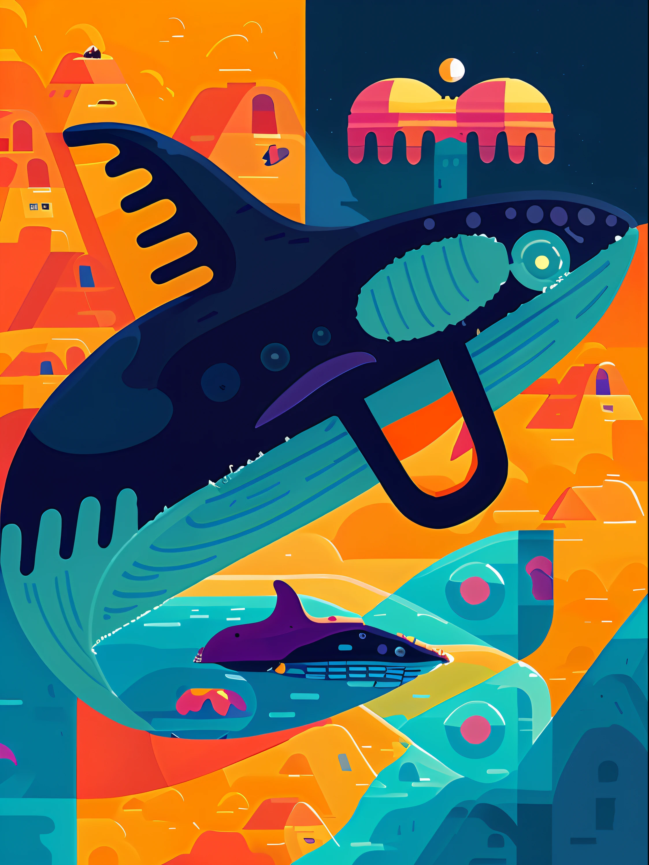Whale illustration, inspired by Tom Whalen, inspired by Tim Biskup, author：tom whalen, Inspired by Wes Wilson, author：Tim Bishop, Tom Whalen 8 K, stylized illustration, inspired by Emiliano Ponzi, author：Paul Bird, an illustration of inspired by Ivan Generalić, stylized illustration