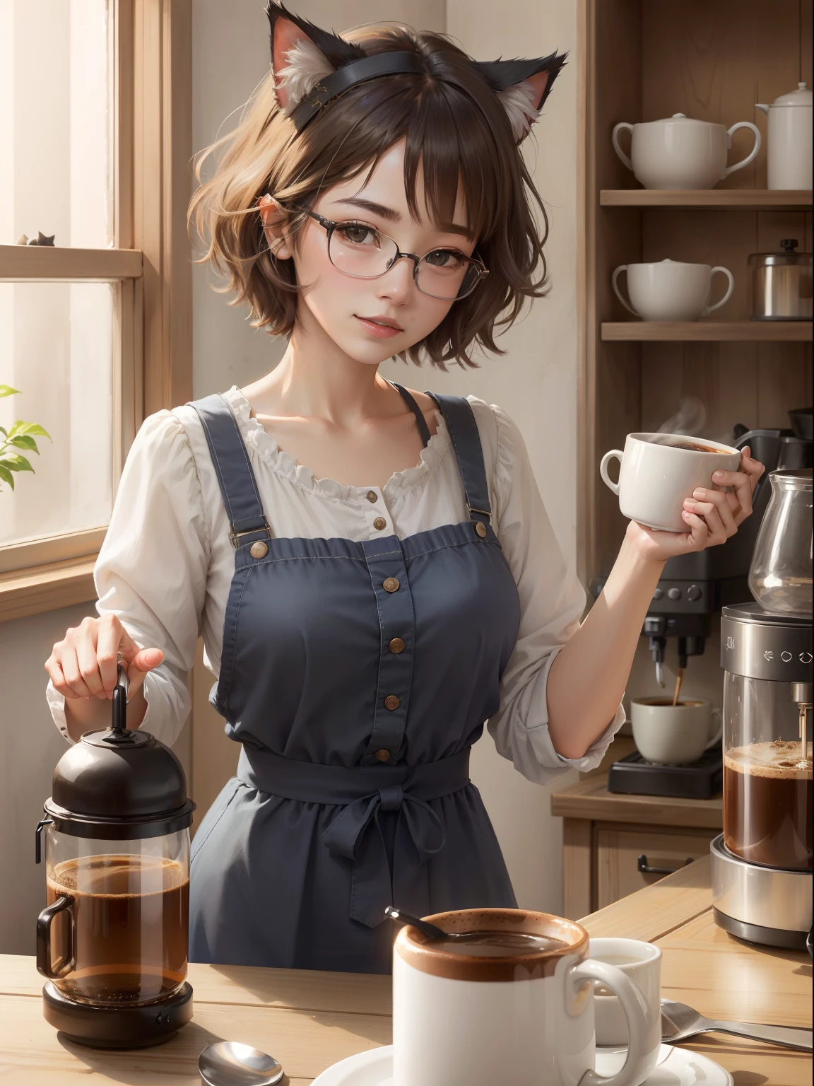 Coffee Girl, Realistic, High Quality, coffee shop, Soft light, Natural and authentic, coffee, Short Hair Hair, customer, cats, Cospell, cat ear, cat ears girl, Glasses Girl, Coffee maker,