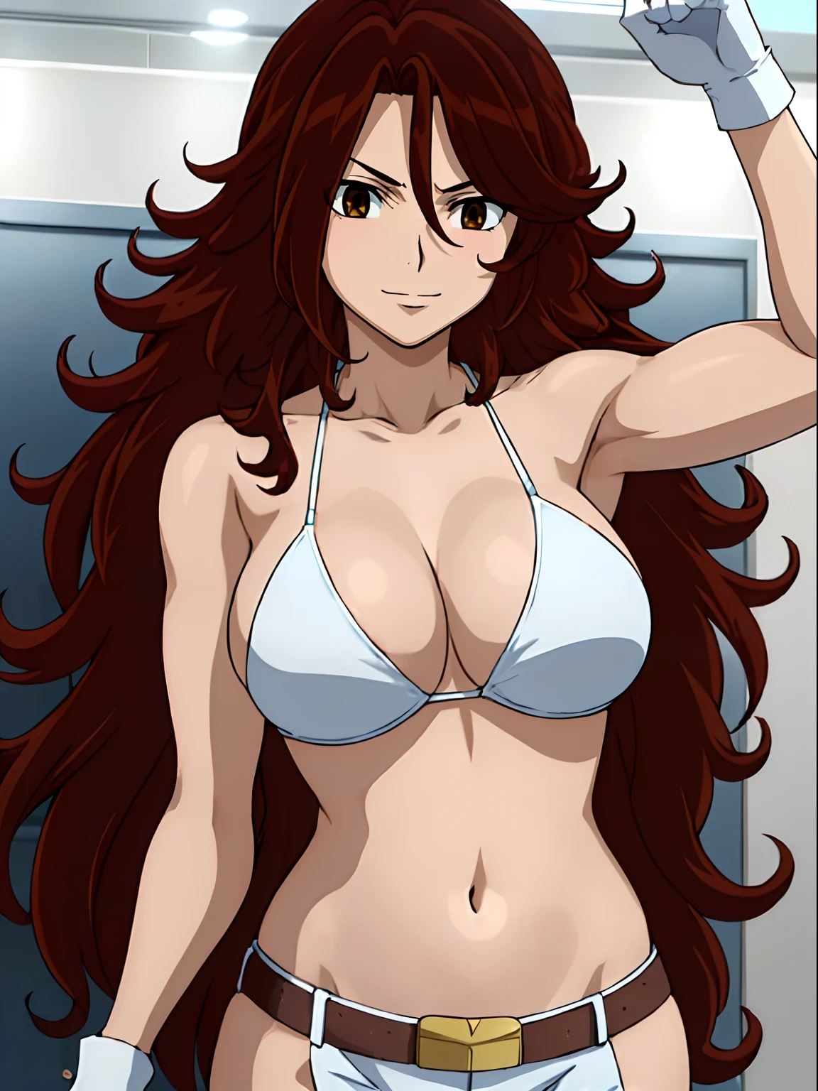 Best Quality, hires, curvy midsection, solo, 1 girl, strong woman, female wrestler, smile, happy), (detailed titration screen, upper body only, anime style: 1.8, anime drawing, ultra detailed face, ultra detailed body, 4k, Sumergai Lee Noriega, (standing), best quality, anime style, hires, highest definition, digital blending, bold drawing lines, ((wwe diva), ((White Background)), ( pro female wrestler, long attractive belly, slim body, (strong arm muscles), broad shoulders , off-shoulders, closed fists, (very curvy: 2.8)), ((elegant red bikini , shorts, white gloves, arm band, arm band, (champion belt))), (pale skin, big breasts, closed mouth), (big eyes, brown eyes, shiny eyes), (), (reddish hair, loose hair, curly hair, wavy hair, long hair, missy hair), 27 years old