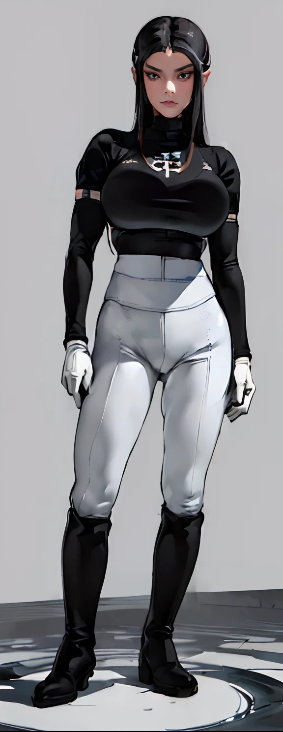 (highest resolution, distinct_image) best quality, a woman, solo, masterpiece, highly detailed, semi realistic, black hair, bangs, 18 years old, mature, young, tall strong,(plain and simple uniform),( plain minimalist military uniform),(huge empty palace room background:1.2), cold, serious, tall, handsome, autocratic, powerful, exquisite facial features, exquisite facial features, (full body)(black knee-high boots:1.4)(dominatrix:0.7)(white Yoga pants:1.3),(black gloves:1.5)(long sleeves:1.2),(active white sportswear shirt):1.2,(princess Zelda),solo,1girl,(looking at viewer),(from below:0.8)(head turned upwards:0.3)(smiling:0.4)(bodysuit:0.6)(other hand empty)(muscular:0.8),(thin black belt), (shirt tucked in pants),(standing on ground), (marble floor)