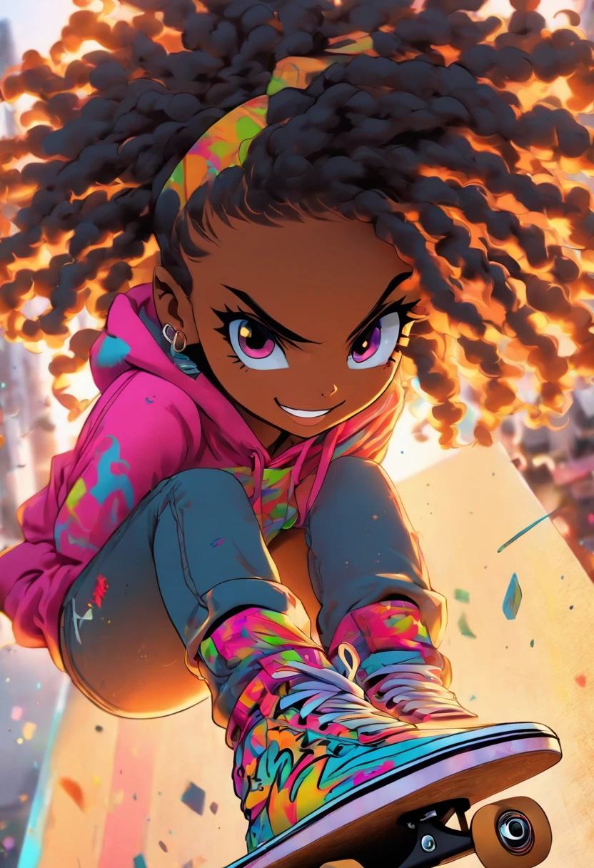 La fille de skateboard la plus belle et la plus sexy, un grand sourire, jeune fille afro, cheveux de couleur arc-en-ciel, yeux jaunes, wear a hoodie, T-shirt graphique, Ripped skinny jeans and highly detailed skateboarding gear, Des tonnes de tatouages et de piercings, very detailed background, Perfect masterpiece, High quality, High resolution