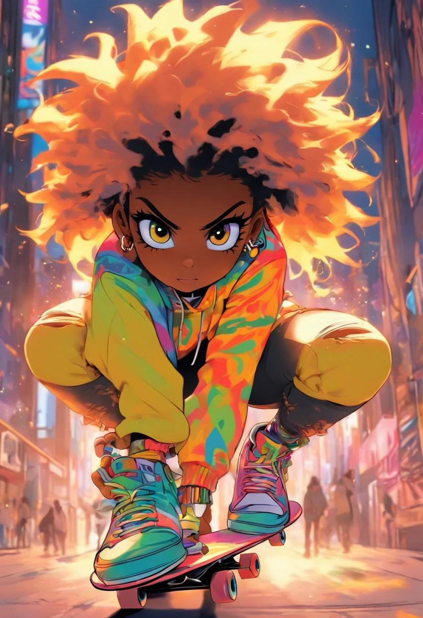 La fille de skateboard la plus belle et la plus sexy, un grand sourire, jeune fille afro, cheveux de couleur arc-en-ciel, yeux jaunes, wear a hoodie, T-shirt graphique, Ripped skinny jeans and highly detailed skateboarding gear, Des tonnes de tatouages et de piercings, very detailed background, Perfect masterpiece, High quality, High resolution