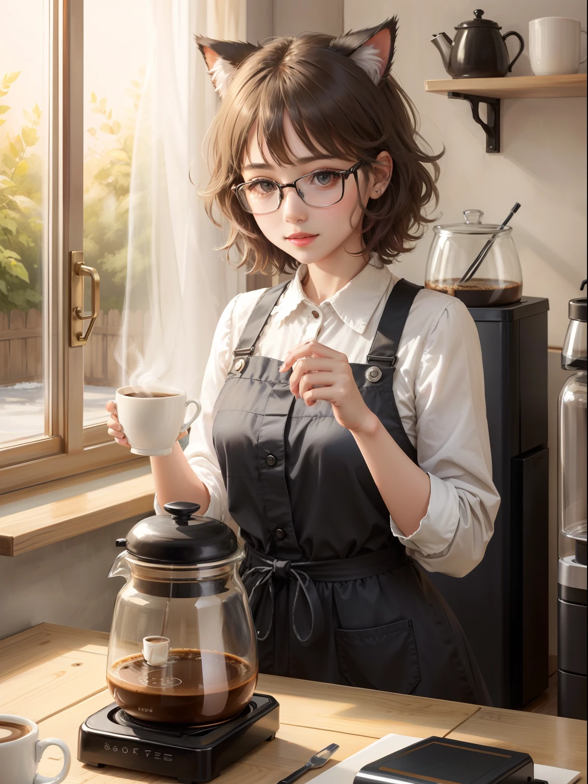 Coffee Girl, Realistic, High Quality, coffee shop, Soft light, Natural and authentic, coffee, Short Hair Hair, customer, cats, Cospell, cat ear, cat ears girl, Glasses Girl, Coffee maker,