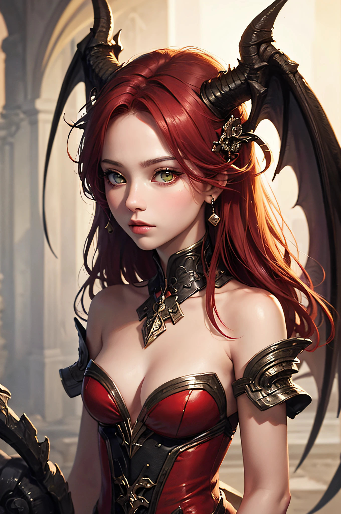 young Dragon-Girl, deep red hair, big hair, portrait, serious face, small breast, heterochromia, one yellow eye, Princess of Dragons, Dynasty of fire