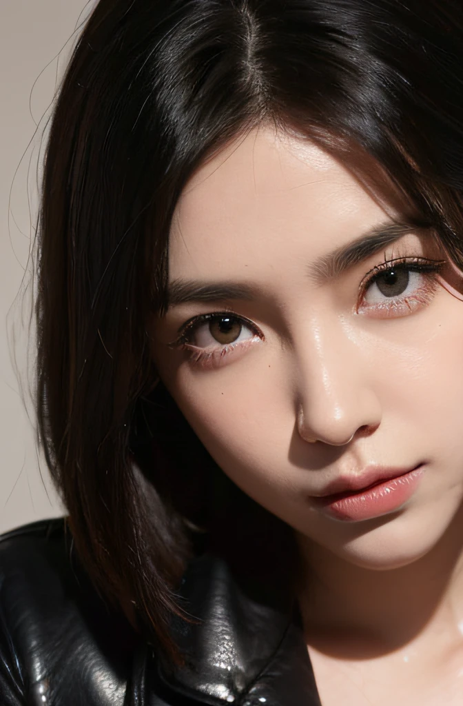 ((Beautiful face: 1.7, Perfect face: 1.3)), (From above: 1.2), Best Quality, sony a7, 50 millimeters, pores: 1.5, Colors, hyperdetails: 1.5, Film grain: 1.4, Hyper-realistic: 1.5), ultra realistic lifelike textures, masutepiece, unreal enginee 5, extremely detailed 8k CG wallpaper, Realistic eyes, Crazy detail photos, (ecstasy of light and shadow, deepshadow), (Pulitzer Prize for Best Photography and Taylor Wett Photography), leather jackets, Cool Beauty, scornful eyes, A slight smil, The gesture of pulling up the hair, Wear gloves, Cool Beauty, Beautiful woman with one eye hidden by hair, One eye is hidden, Queenley, adult-like, beautiful mature lady, Eyes covered with hair