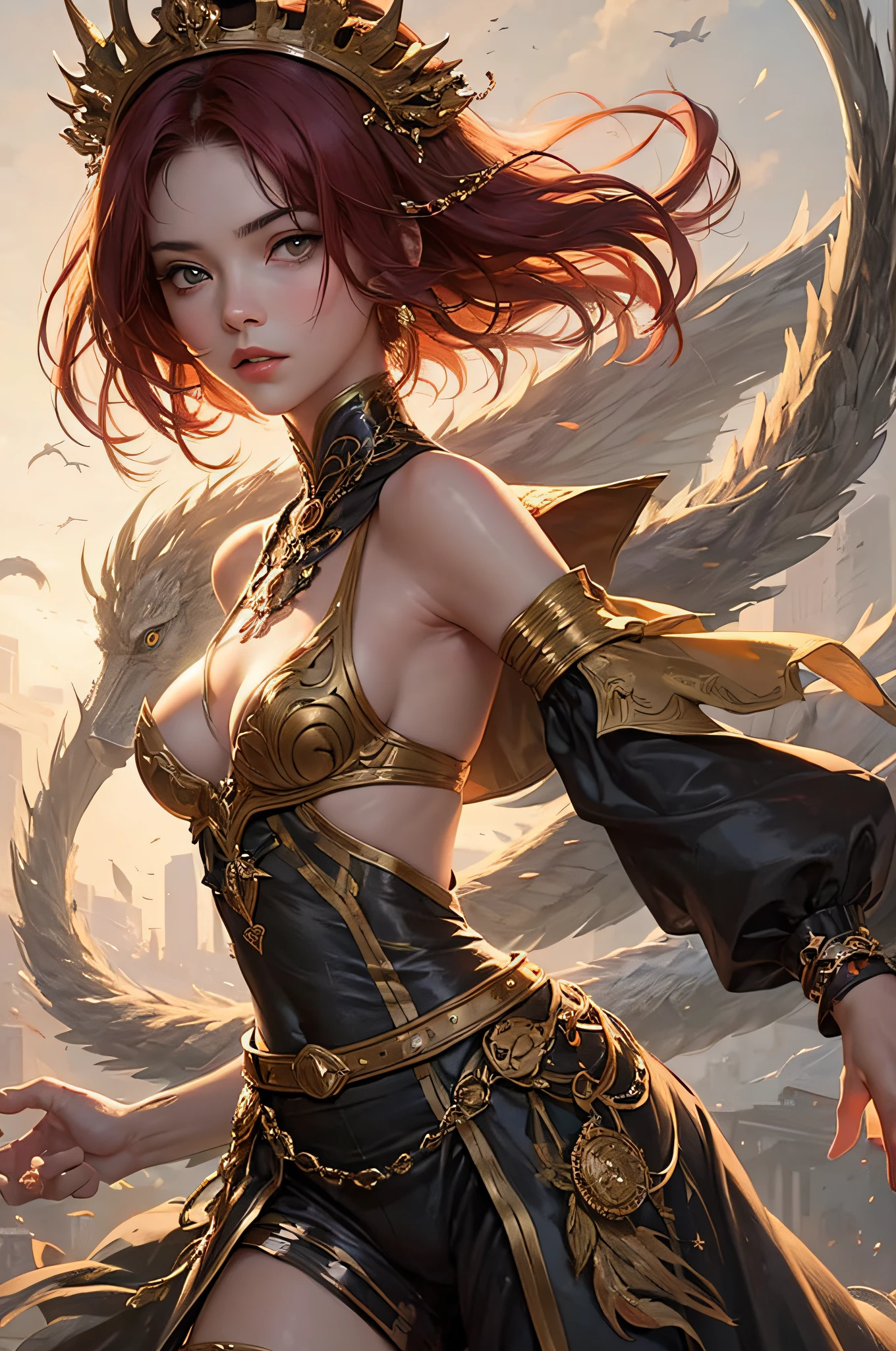 young Dragon-Girl, deep red hair, big hair, portrait, serious face, small breast, heterochromia, one yellow eye, Princess of Dragons, Dynasty of fire