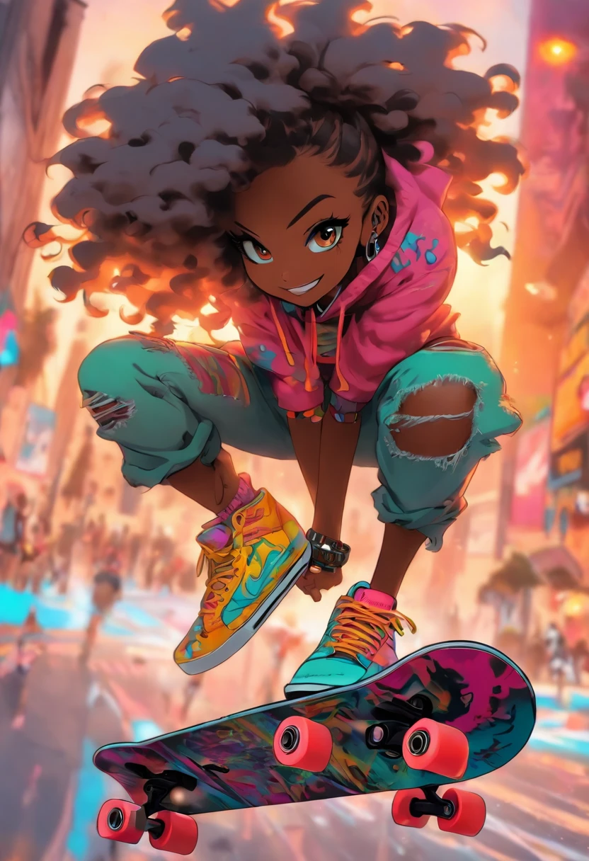 La fille de skateboard la plus belle et la plus sexy, un grand sourire, jeune fille afro, charmante souriante, cheveux de couleur arc-en-ciel, yeux jaunes, wear a hoodie, T-shirt graphique, Ripped skinny jeans and highly detailed skateboarding gear, Des tonnes de tatouages et de piercings, very detailed background, Perfect masterpiece, High quality, High resolution