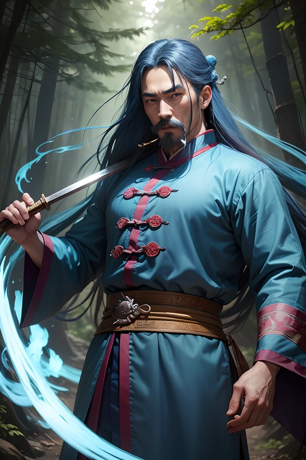 The background in the forest, a 30-year-old man, named Wang, narrow eyes, mustache, long blue hair, thin lips, wearing blue chinese antique clothes, Laughter can't soak your mouth, Sword handle, Panicked expression on his face