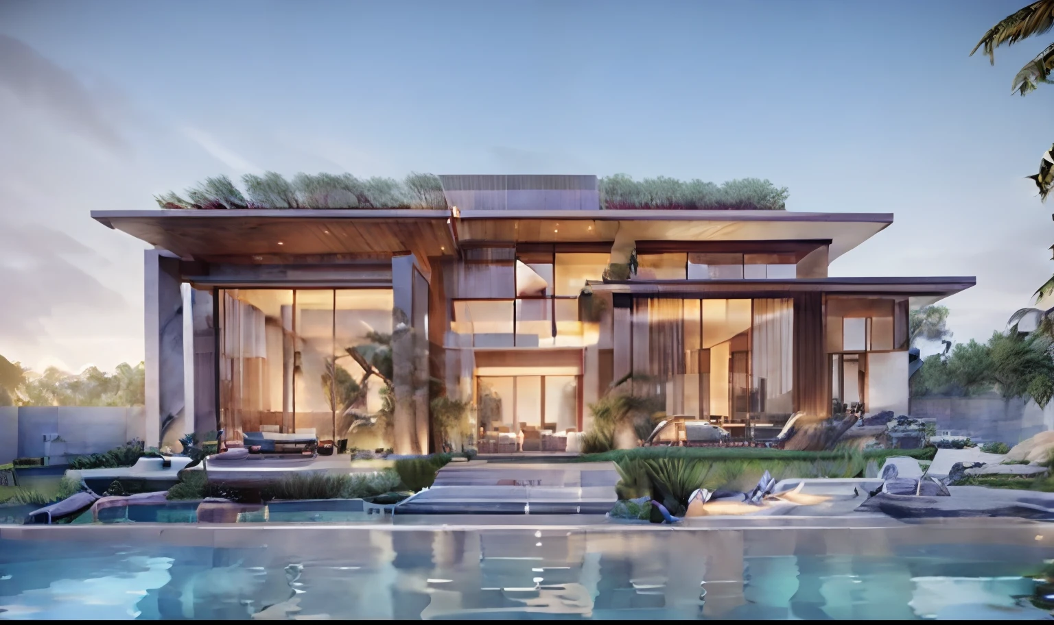 arafed view of a house with a pool and a patio, architectural visualization, architectural rendering, precise architectural rendering, exterior design, overall architectural design, architectural render, lumion rendering, architectural 3 d render, architecture visualization, vray rendering, architectural visualisation, inter dimensional villa, modern design, contemporary house, photorealistic rendering, 3d unreal engine render