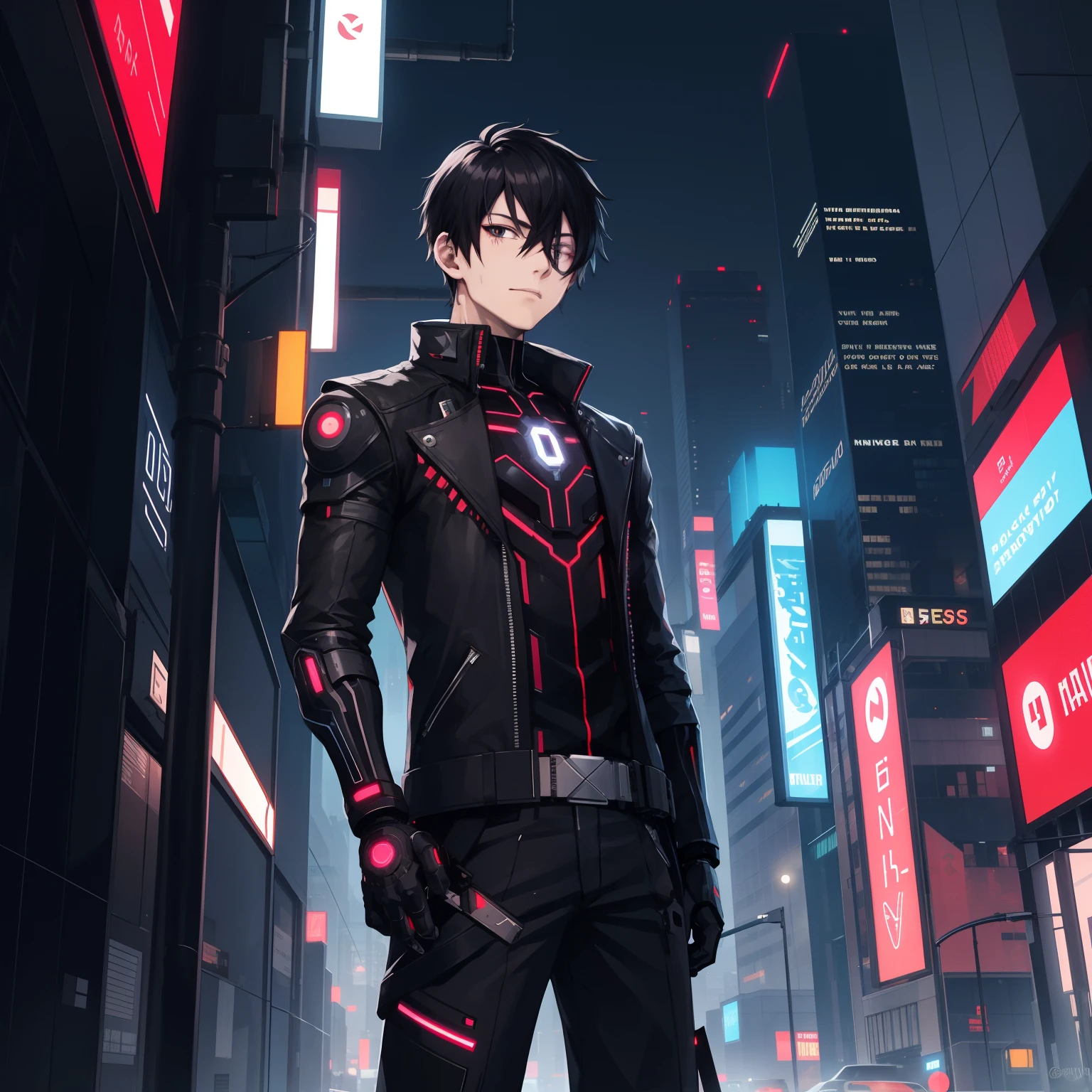 cyber punk, city, 1boy, black hair, black eyes, cyborg
