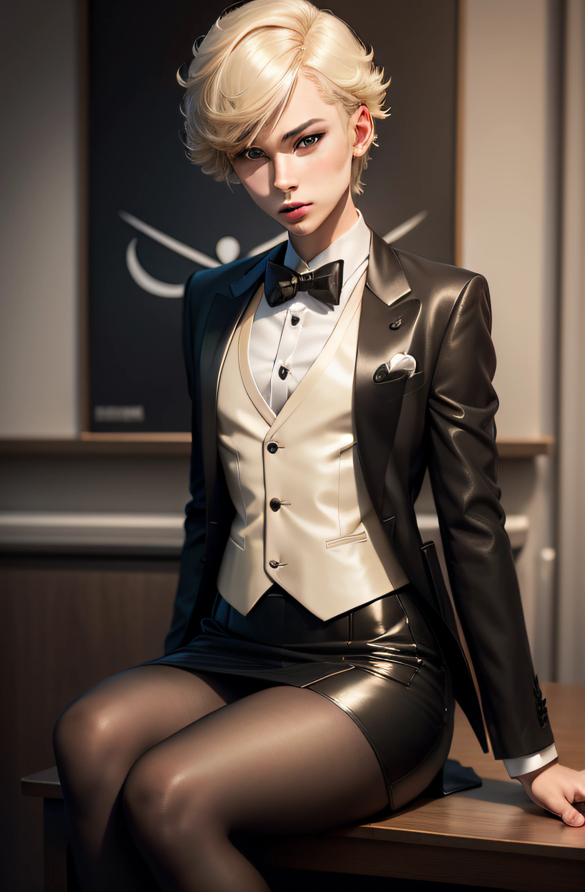 femboy, bulge, crossdressing, short hair, blonde, skirt suit, (((tuxedo))), bowtie, blazer, suit jacket, waistcoat, bodycon miniskirt, pencil skirt, white gloves, sitting on lap, submissive, makeup,