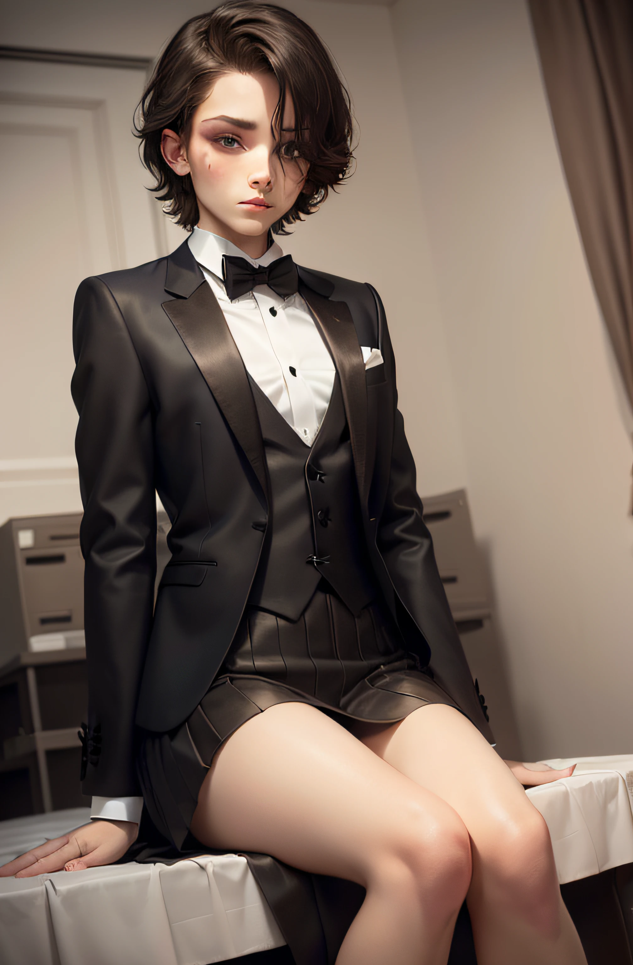 femboy, bulge, crossdressing, short hair, brunette, skirt suit, (((tuxedo))), bowtie, blazer, suit jacket, waistcoat, bodycon miniskirt, pencil skirt, white gloves, sitting on lap, submissive, makeup,