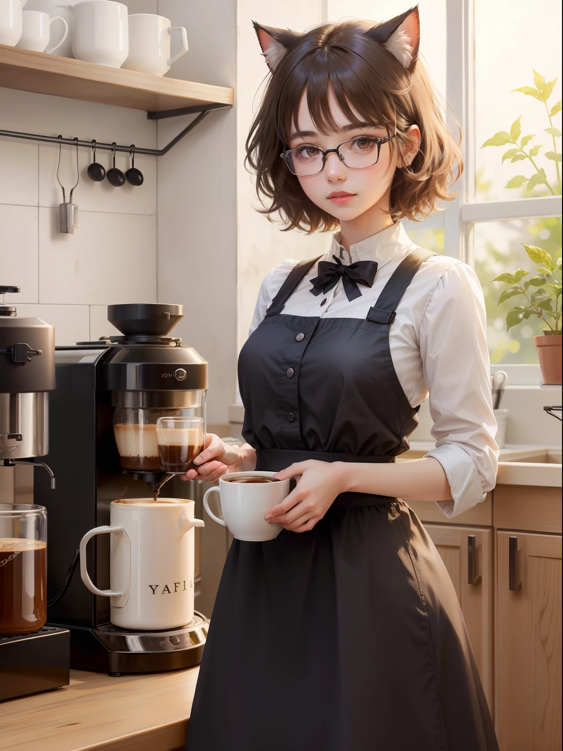 Coffee Girl, Realistic, High Quality, coffee shop, Soft light, Natural and authentic, coffee, Short Hair Hair, customer, cats, Gospel, cat ear, cat ears girl, Glasses Girl, coffee, Large coffee machine,