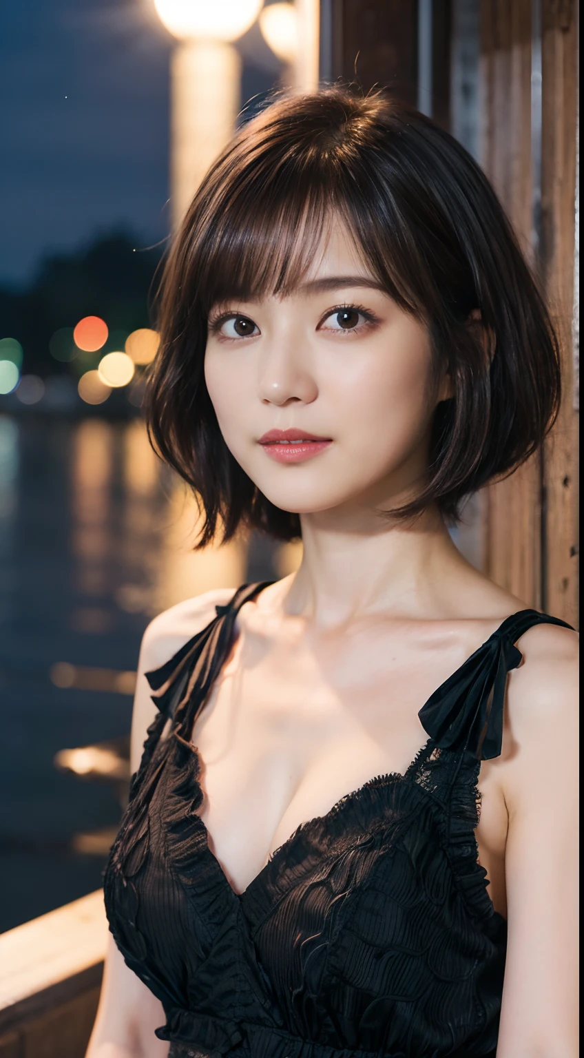 41
(Airy wavy short bob cut:1.23), (a 25yo woman), (A hyper-realistic), (masutepiece), (8KUHD), Being in the harbor at night, Medium chest