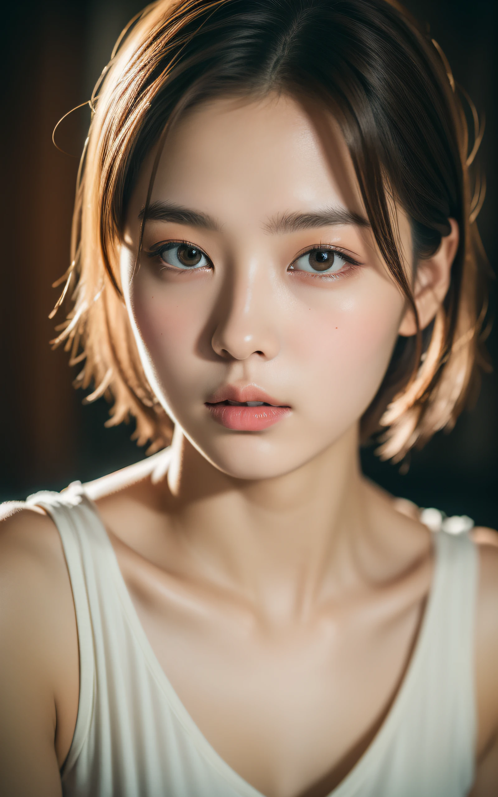 (Masterpiece:1.3), (8k, Photorealistic, RAW Photography, Best Quality: 1.4), soft light, professional lighting, 1girl,  16 years old, neat and clean beauty, closed mouth, Glare, Brown short hair,