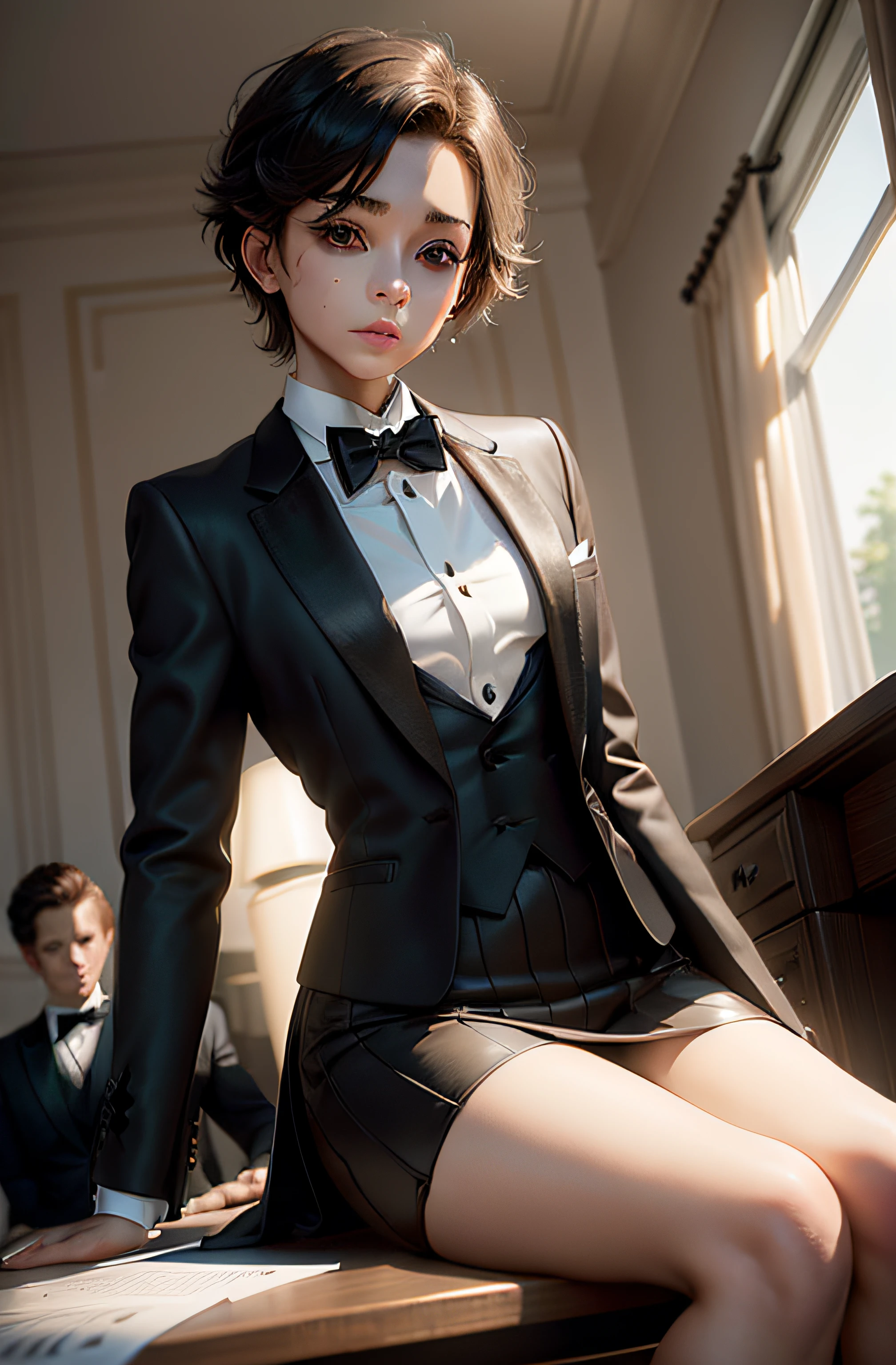 femboy, bulge, crossdressing, short hair, brunette, skirt suit, (((tuxedo))), bowtie, blazer, suit jacket, waistcoat, bodycon miniskirt, pencil skirt, white gloves, sitting on lap, submissive, makeup,