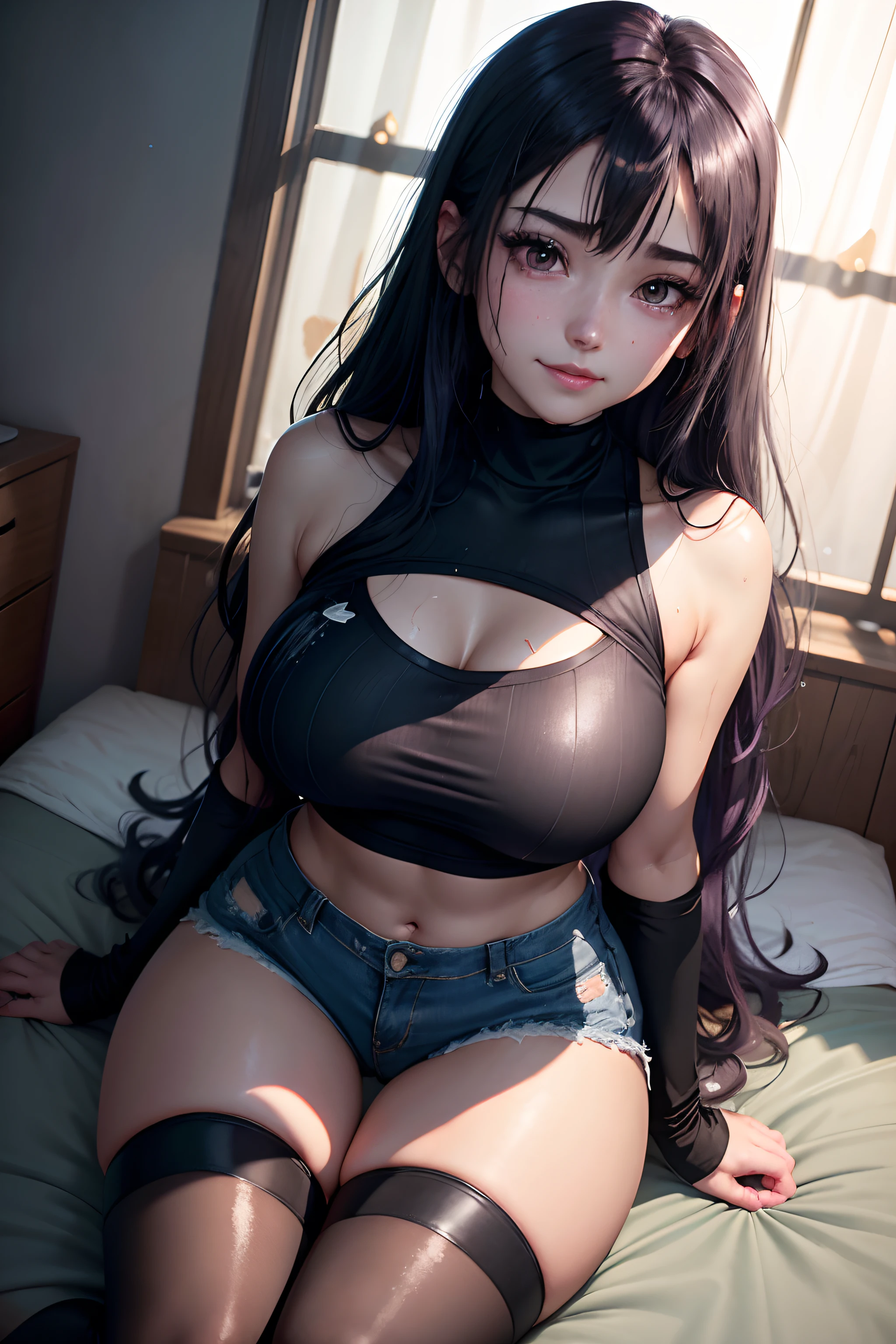 Jersey material is cotton、A slight smil、Transcendent beauty、Dark Gothic Makeup、Sweat glitters on my face、Sweat glitters on my thighs、The whole body is shiny with sweat.、Long hair straight hair、Purple hair、Transcendent cute face、Sit up、a bed、sprawl、Dark black knee-high socks、Dark Black Thigh Socks、Dark blush、masutepiece、8K、dark black eye shadow、24 year old、wretched、Sticky shiny thighs、Sweat a lot all over your body、chies、Too large tops、Sweat shining generously on the thighs、A smile、Smile、Underwear black、Transcendent Denim Short、Denim length super short、Mini Hot Pants、Tight denim、Slender system、Stained glass background、boredom、Sad face、Sweat glistens on my face、Stop Close-up、Wearing a black bra、Slender figure、Bust size is C cup、3D、Wear the Adidas jersey、