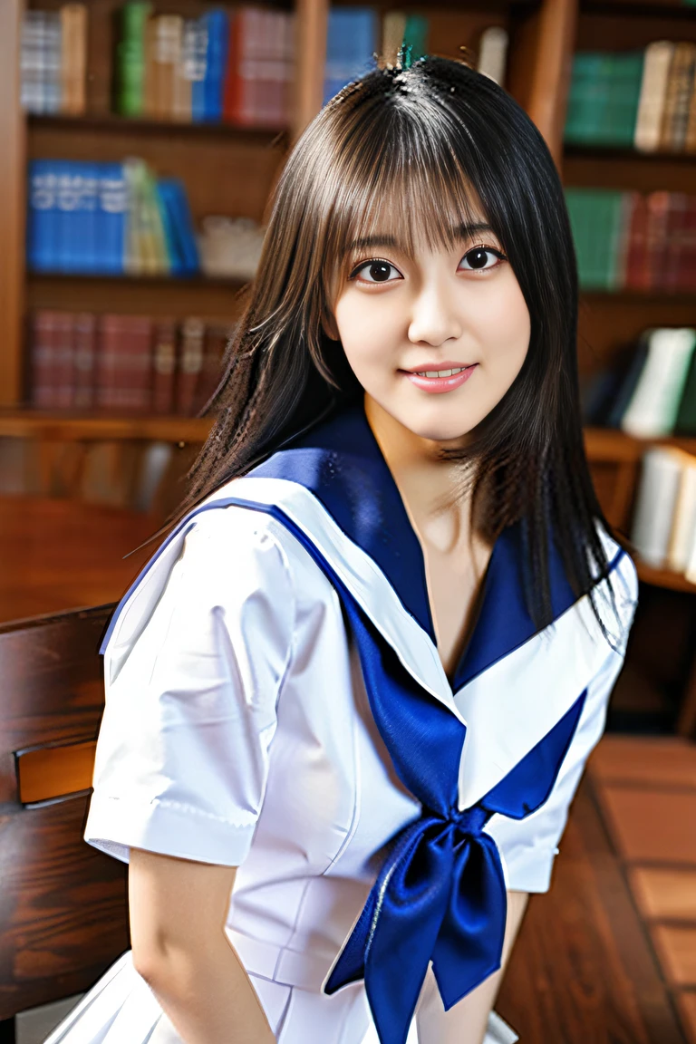 (((Draw only one woman: 2))), Beautiful 18-year-old Japanese woman, (High school girl in short-sleeved white sailor suit: 1.5), (White sailor suit from a strict Japanese girls' school: 1.5), (( High school girl sitting on a chair in the library reading: 1.2)), ((1 screen)), 8K, RAW shot, Highest quality photo, Masterpiece, Nice realistic photo, ((Anatomical Correct proportions: 1.5)), ((perfect proportions)), cute women like Japanese idols, detailed face, detailed eyes, narrow nose, detailed hands and fingers, detailed arms , Detailed skin, detailed legs, short torso, slender body, (Shiny long hair: 1.5), (Large breasts: 1.5), Big breasts that would burst a sailor suit, Fitted sailor suit, (Reading: 1.5)