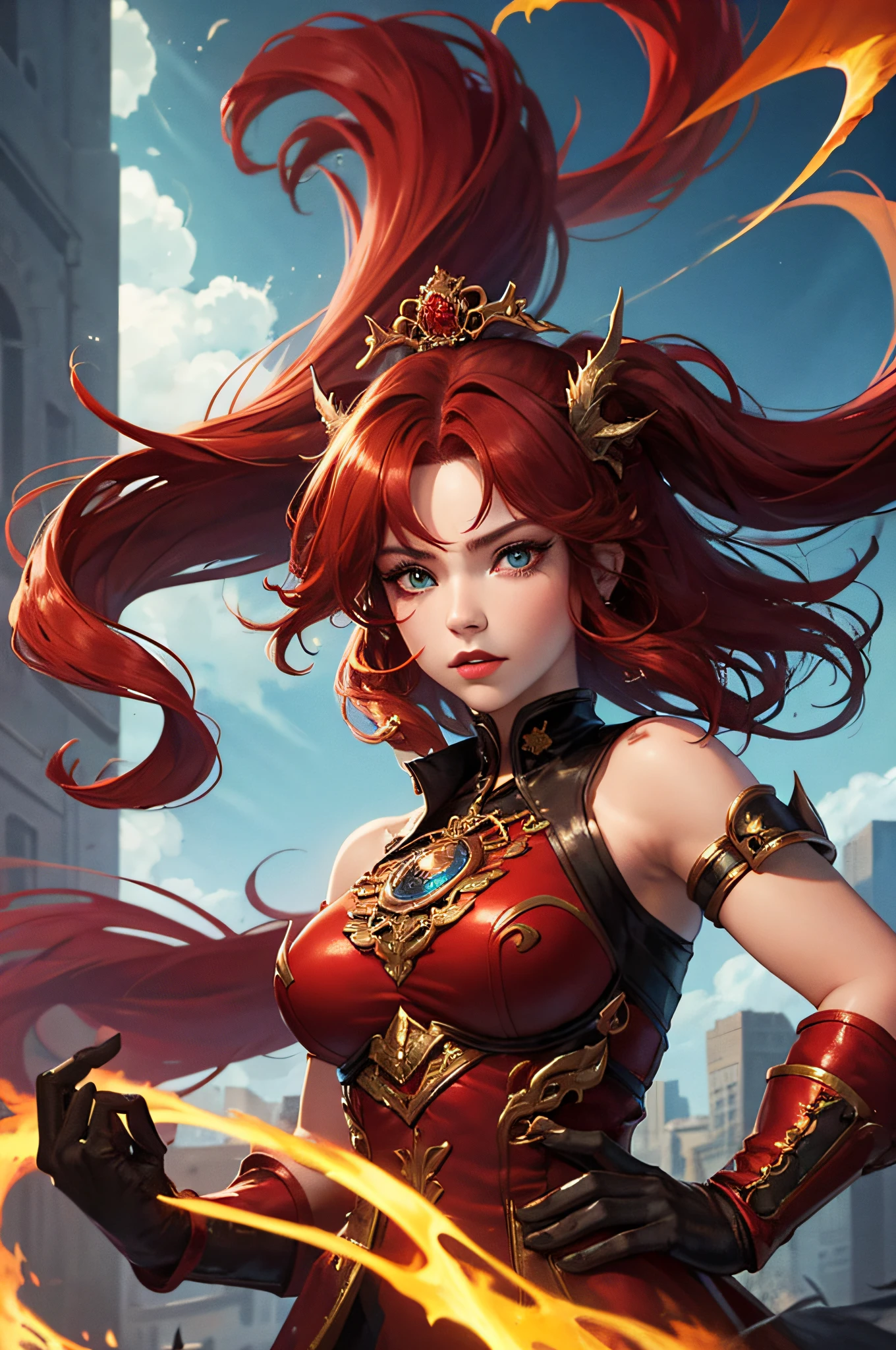 young Dragon-Girl, deep red hair, big hair, portrait, serious face, small breast, heterochromia, one yellow eye, Princess of Dragons, Dynasty of fire