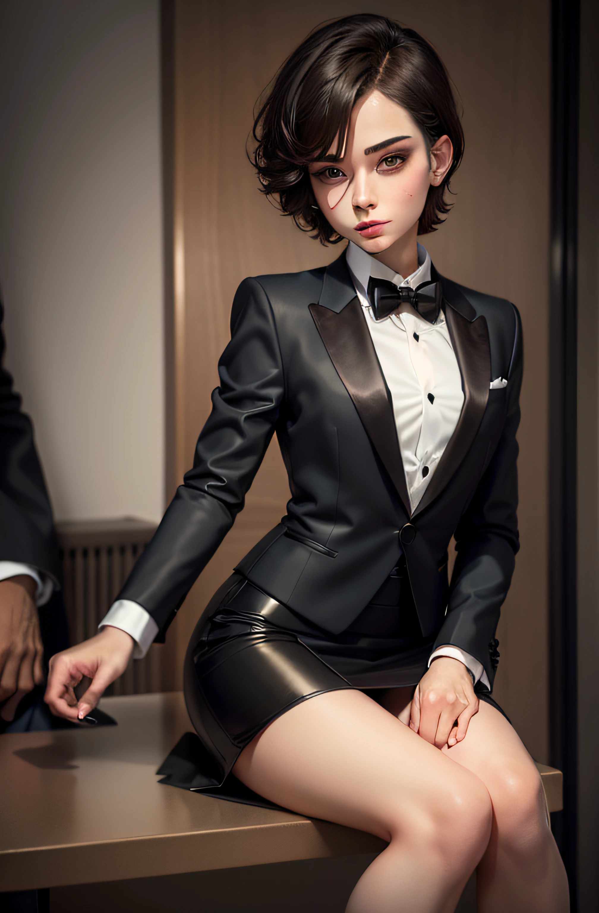 femboy, bulge, crossdressing, short hair, brunette, skirt suit, (((tuxedo))), bowtie, blazer, suit jacket, waistcoat, bodycon miniskirt, pencil skirt, white gloves, sitting on lap, submissive, makeup,