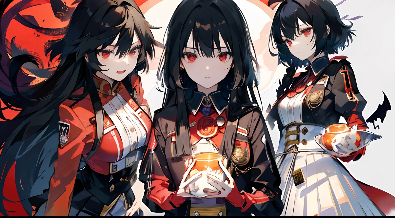 Illustration, UHD, retina, masterpiece, accurate, anatomically correct, super detail, high details, high quality, award winning, best quality, highres, good anatomy, 1080P, HD, 4K, 8k, 16k, 1girl, dynamic pose, androgynous, detailed eyes, detailed clothes, detailed hair, rendering, strands of hair, cute waifu, youtube as a waifu, black hair, long hair, red eyes, wearing a red and black intricate outfit, wearing a pleated micro skirt