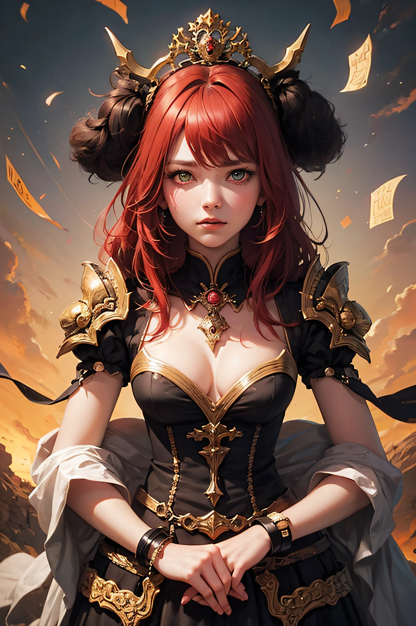 young Dragon-Girl, deep red hair, big hair, portrait, serious face, small breast, heterochromia, one yellow eye, Princess of Dragons, Dynasty of fire