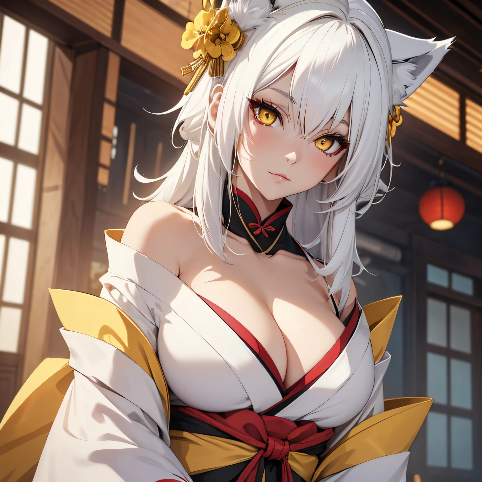 fox girl, (white hair, yellow eyes, wearing a kimono), (best quality, masterpiece, dynamic angle, highest detailed) exposed cleavage, looking at viewer, poker face, glow eyes, toy fox