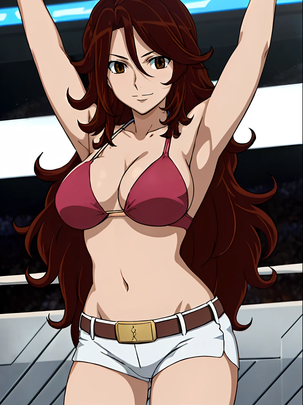 Best Quality, hires, curvy midsection, solo, 1 girl, strong woman, female wrestler, smile, happy), (detailed titration screen, upper body only, anime style: 1.8, anime drawing, ultra detailed face, ultra detailed body, 4k, Sumergai Lee Noriega, (standing), best quality, anime style, hires, highest definition, digital blending, bold drawing lines, ((wwe diva), ((White Background)), ( pro female wrestler, long attractive belly, slim body, (strong arm muscles), broad shoulders , off-shoulders, closed fists, (very curvy: 2.8)), ((elegant red bikini , shorts, white gloves, arm band, arm band, (champion belt))), (pale skin, big breasts, closed mouth), (big eyes, brown eyes, shiny eyes), (), (reddish hair, loose hair, curly hair, wavy hair, long hair, missy hair), 27 years old